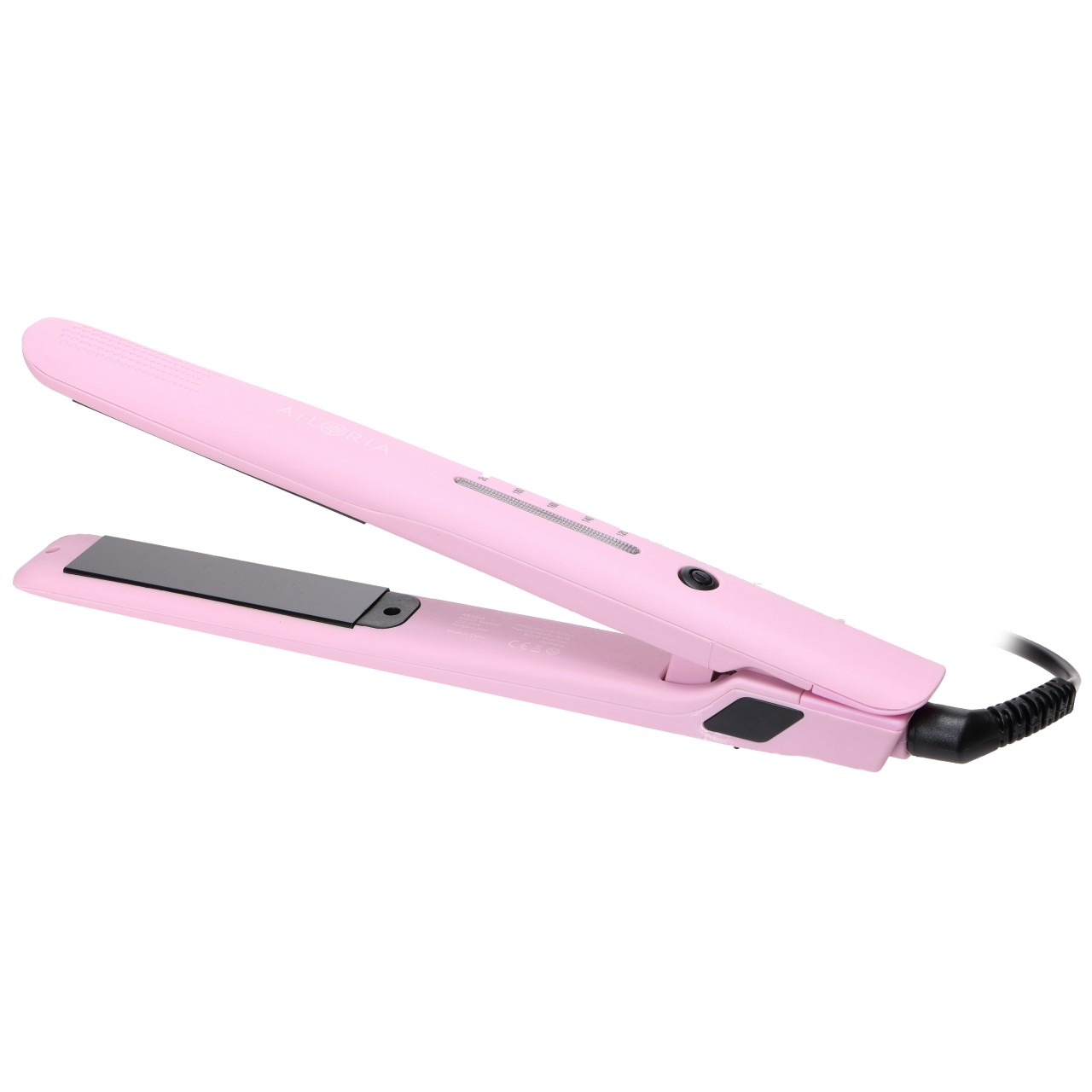Rosa Haarglätter. Geöffnet mit schwarzen Platten. Das Gerät ist angewinkelt und zeigt die Seite.