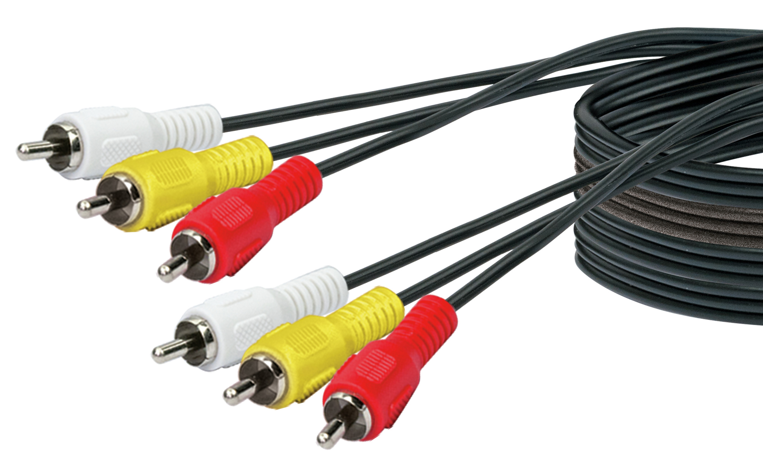 Mehrere Cinch-Kabel mit weißen, gelben und roten Steckern. Schwarze Kabel sind gebündelt.