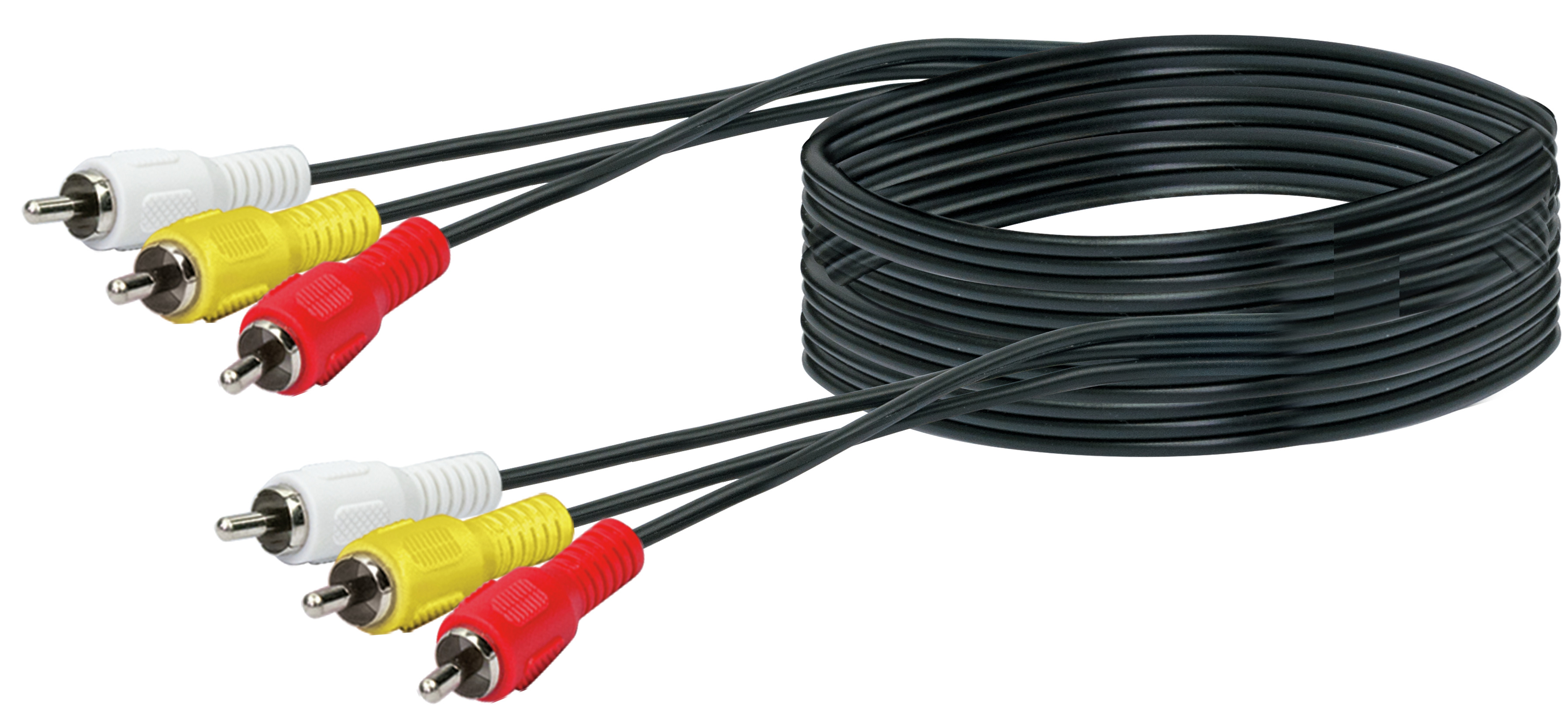 Drei Sätze roter, gelber und weißer Cinch-Kabel. Schwarze Kabel auf weißem Hintergrund.