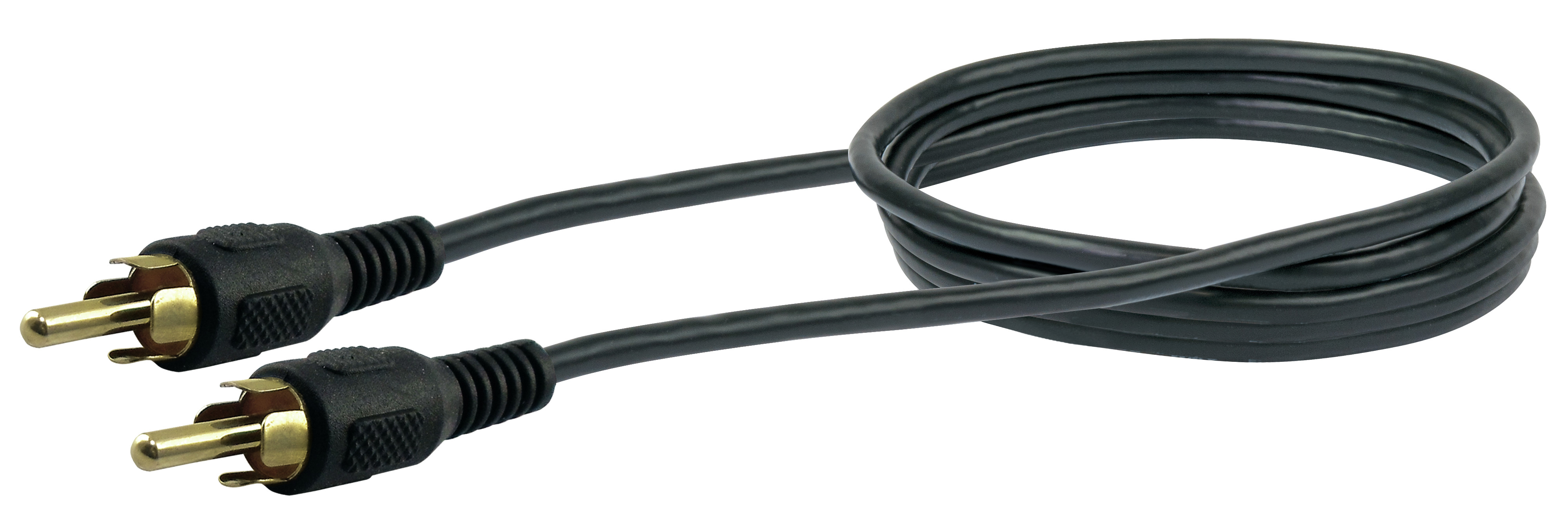 Schwarzes Cinch-Audiokabel mit vergoldeten Steckern auf weißem Grund.