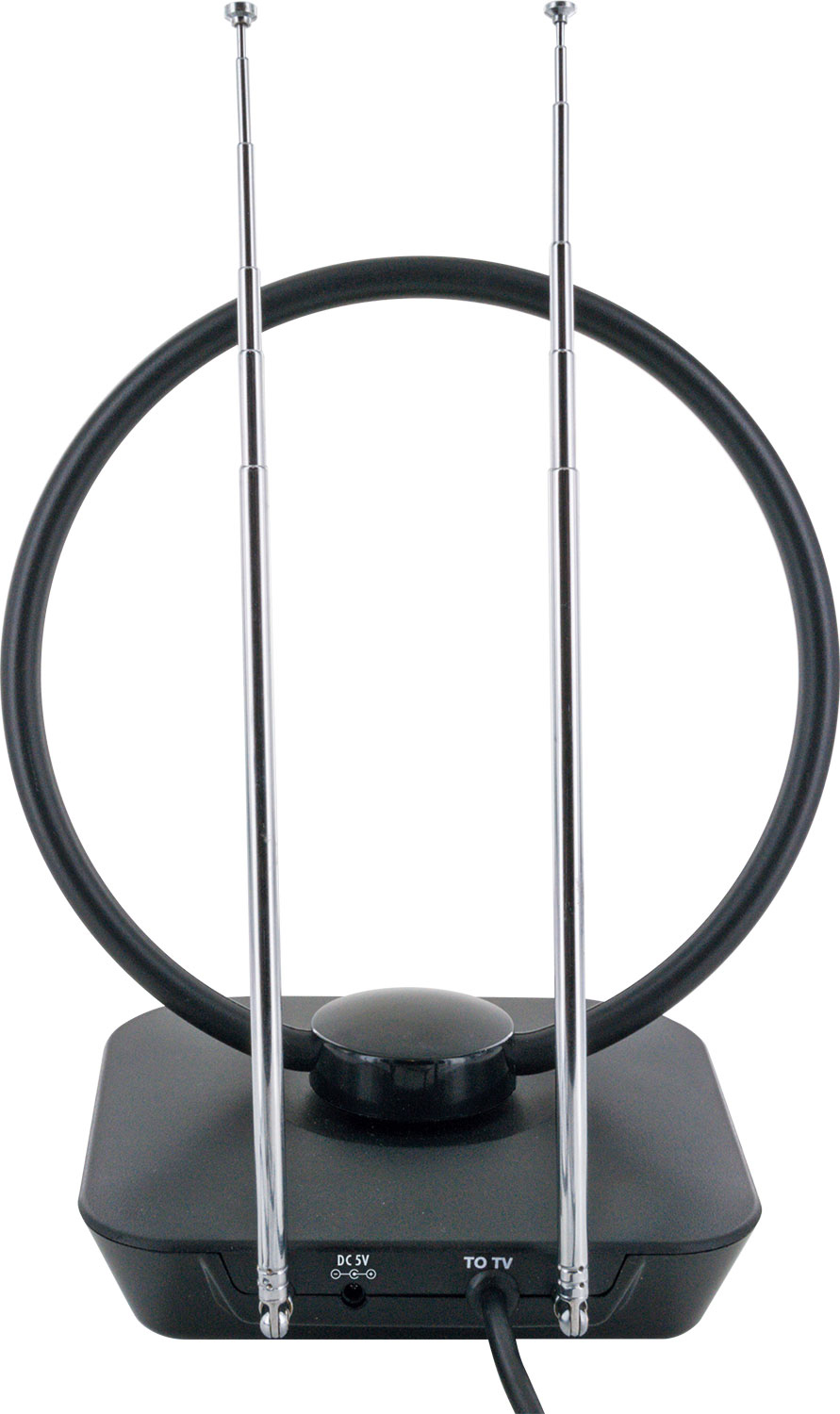 Czarna antena telewizyjna z dwoma regulowanymi prętami i okrągłą ramą.