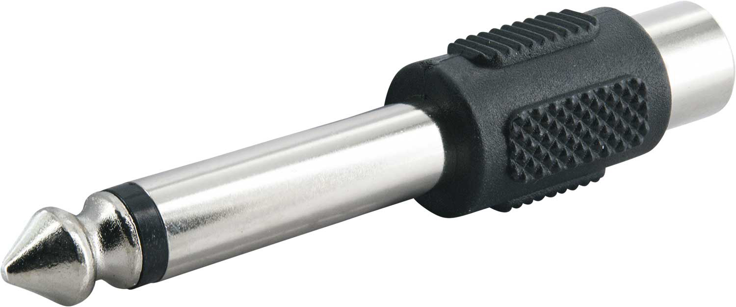 Audio-Klinkenadapter. Silber und schwarz, Stecker auf Buchse. Metallspitze, schwarzer Griff, gerade.