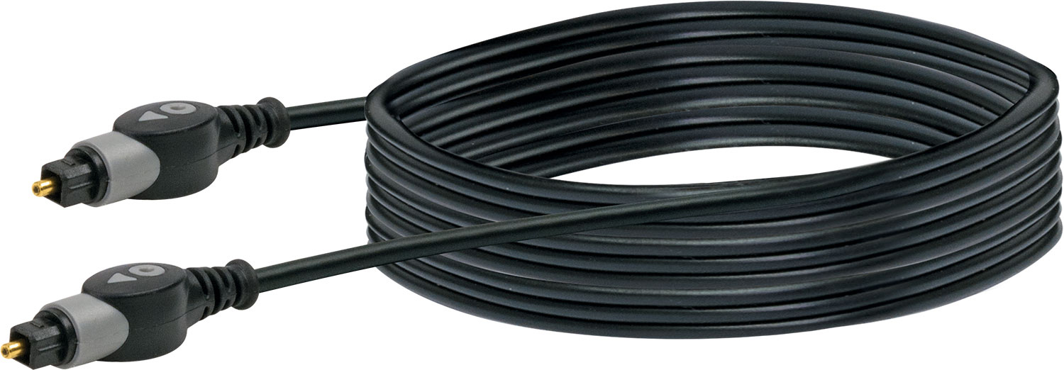 Ein schwarzes optisches Audiokabel, aufgerollt, vor weißem Hintergrund.