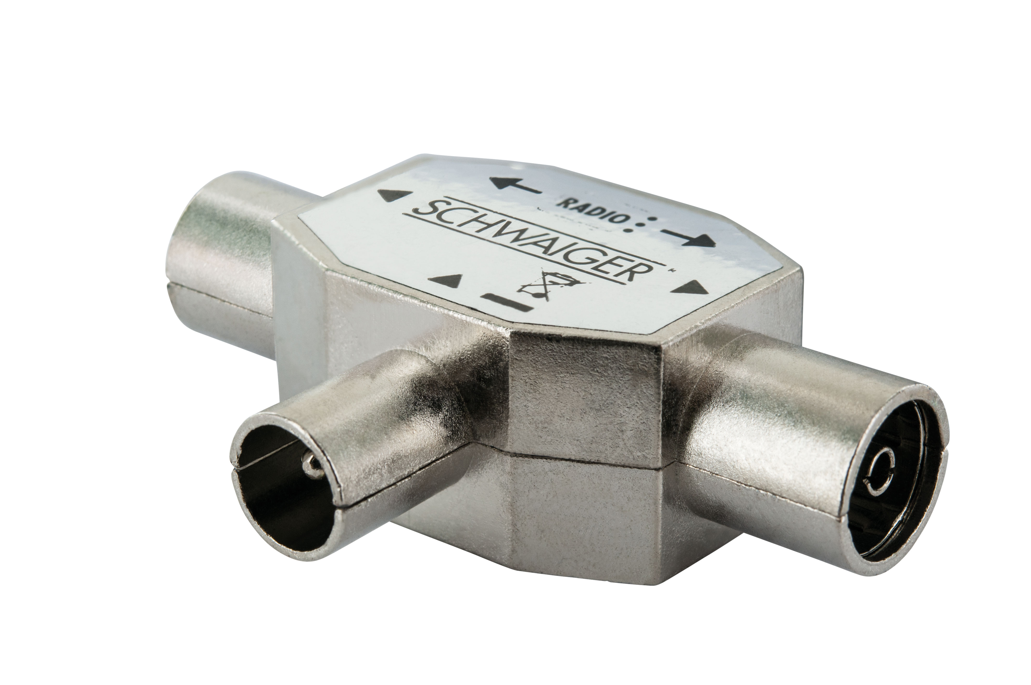 Silber-schwarzer Koaxialkabel-Splitter mit Text SCHWAIGER und Pfeilen. Weißer Hintergrund.