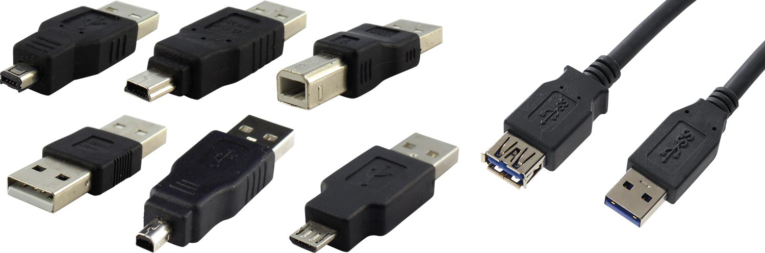 Cavi USB assortiti: micro, mini, USB-A e USB-C. Sono su sfondo bianco.
