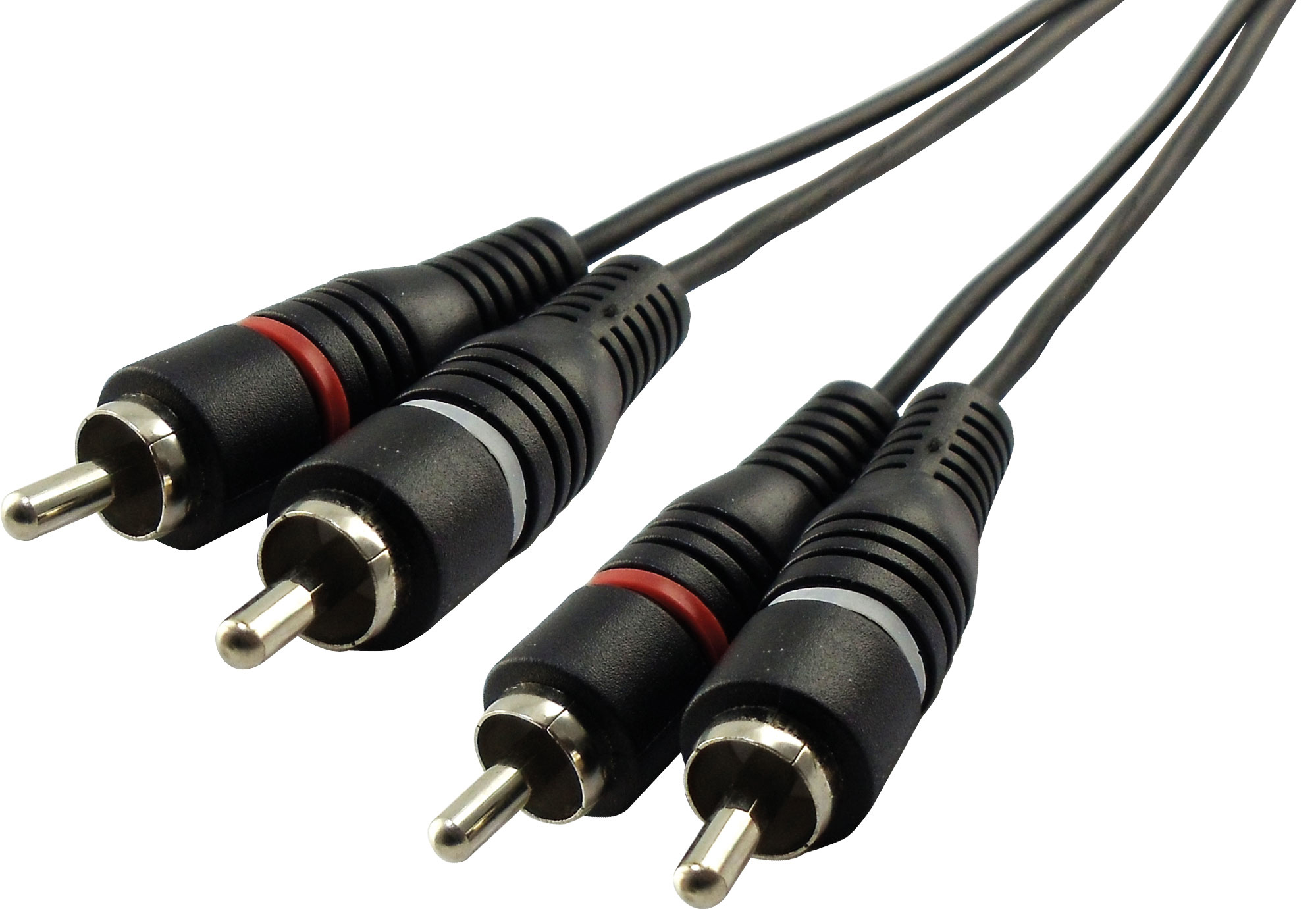 Zwei Sätze schwarzer Cinch-Kabel mit roten und weißen Steckern.