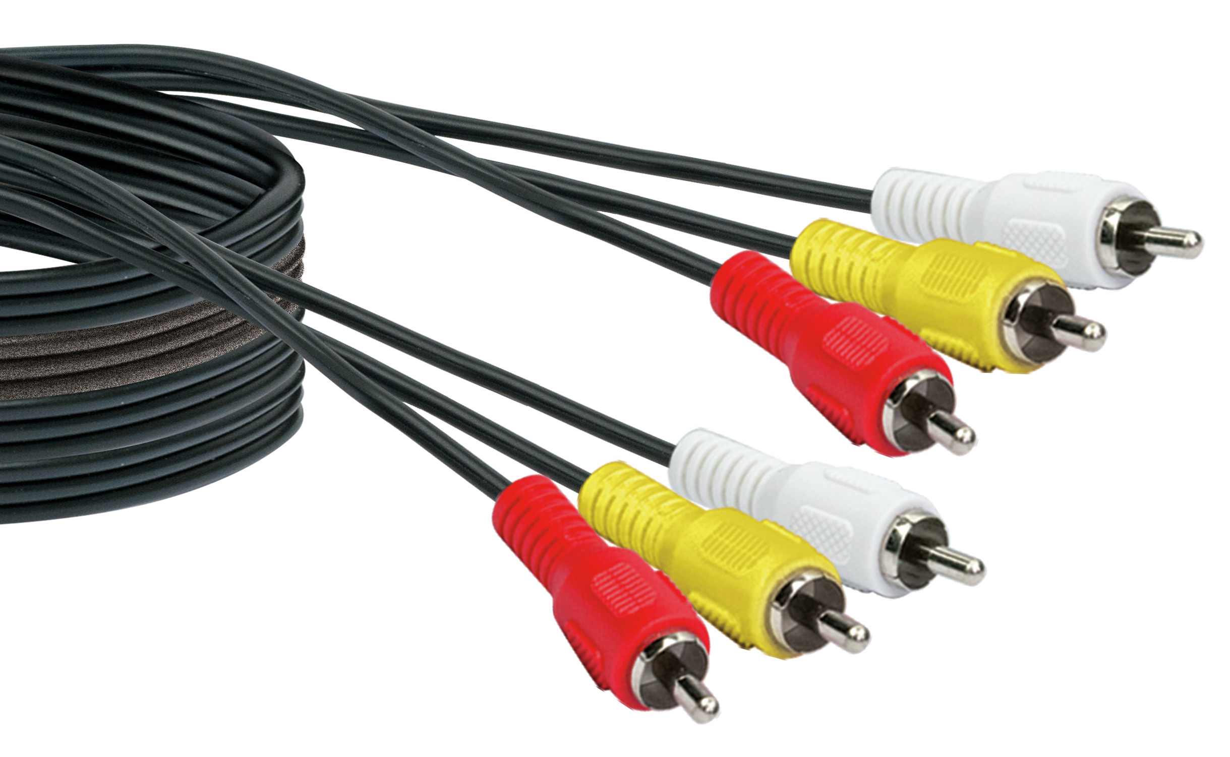 Schwarze, gelbe und weiße Cinch-Kabel mit Steckern, die an einem schwarzen Kabel befestigt sind.