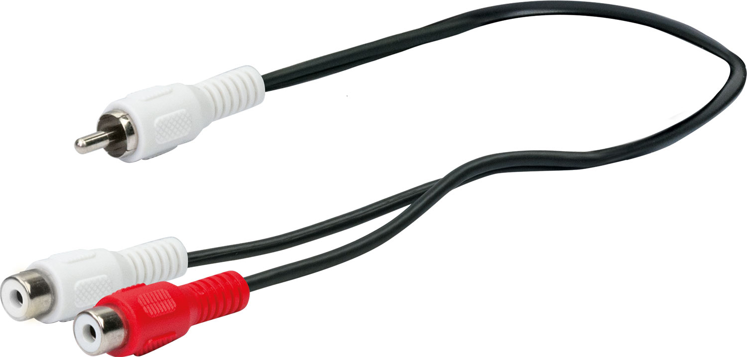 Cinch-Kabel mit zwei weißen und einem roten Stecker. Das Kabel ist schwarz. Es ist auf weißem Hintergrund.