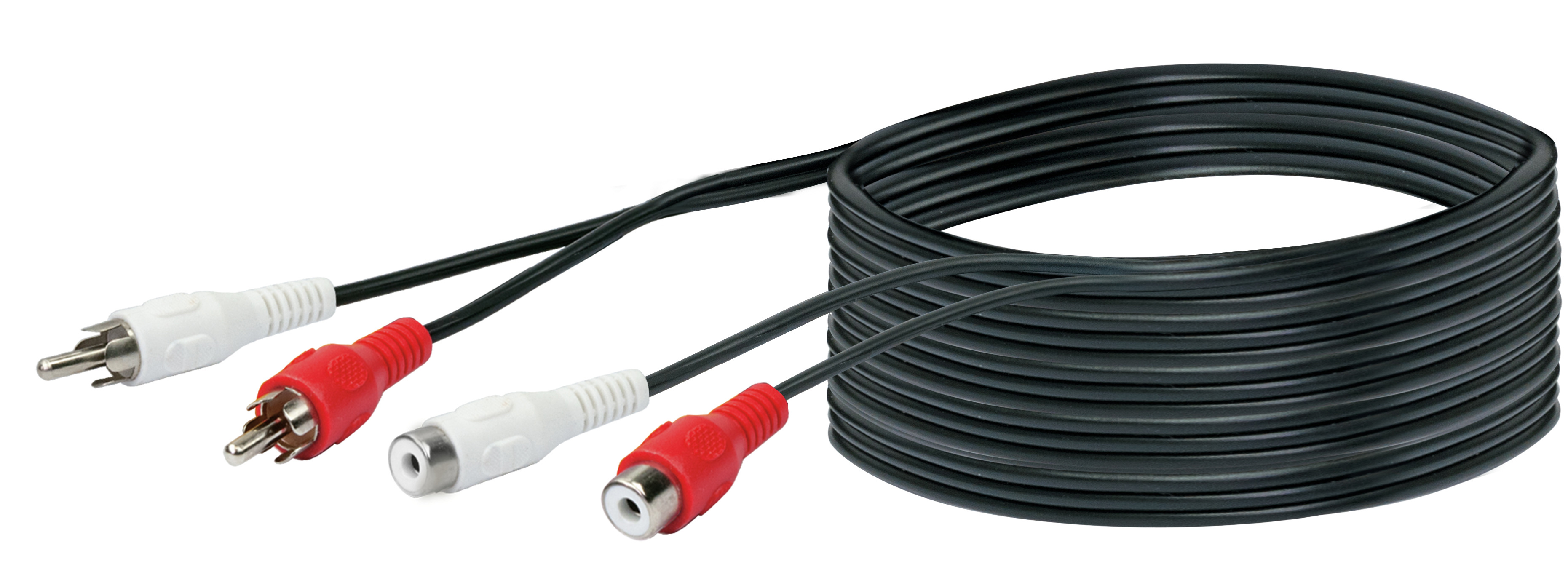 Cinch-Audiokabel mit weißen und roten Steckern auf Weiß.