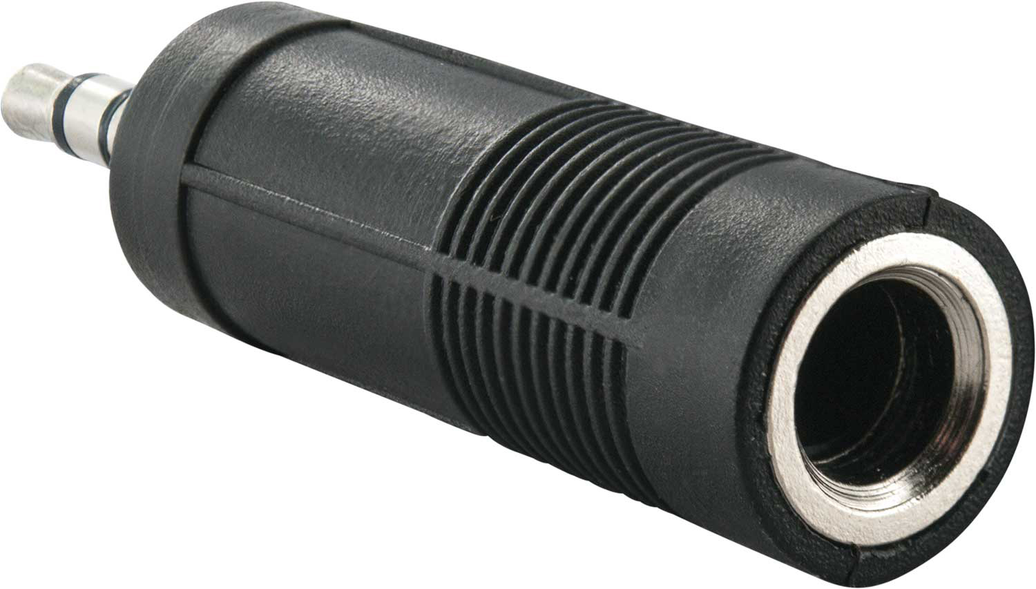 Schwarzer Audioadapter mit 3,5-mm-Klinkenstecker und -buchse.