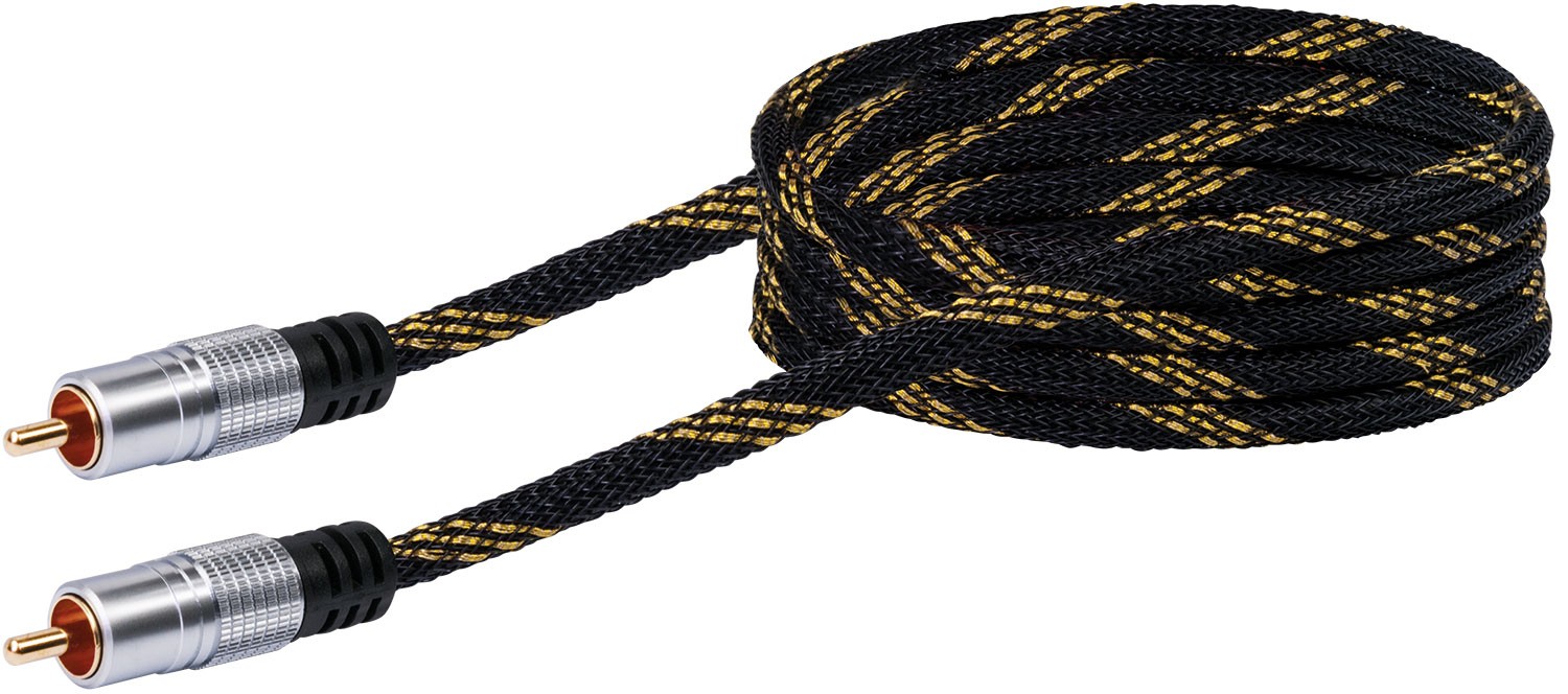 Ein schwarz-goldenes Cinch-Kabel ist vor weißem Hintergrund aufgerollt.
