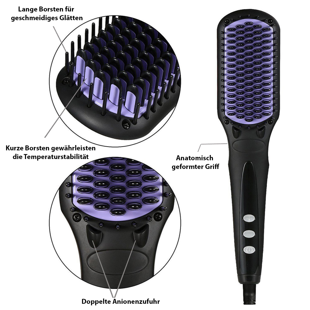 Cepillo alisador de cabello negro con cerdas moradas, tres inserciones circulares y un mango.