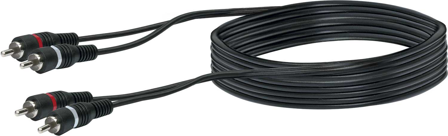 Schwarzes Cinch-Kabel mit roten und weißen Steckern an einem Ende und schwarz am anderen.
