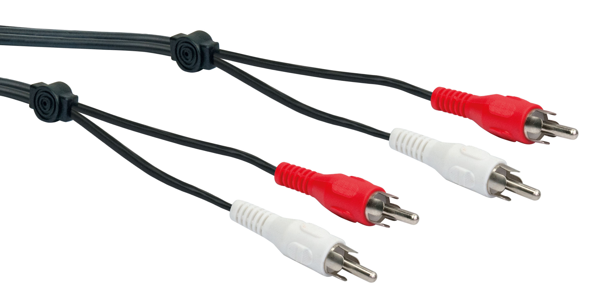 Primo piano di cavi audio con fili neri e connettori RCA rossi e bianchi.