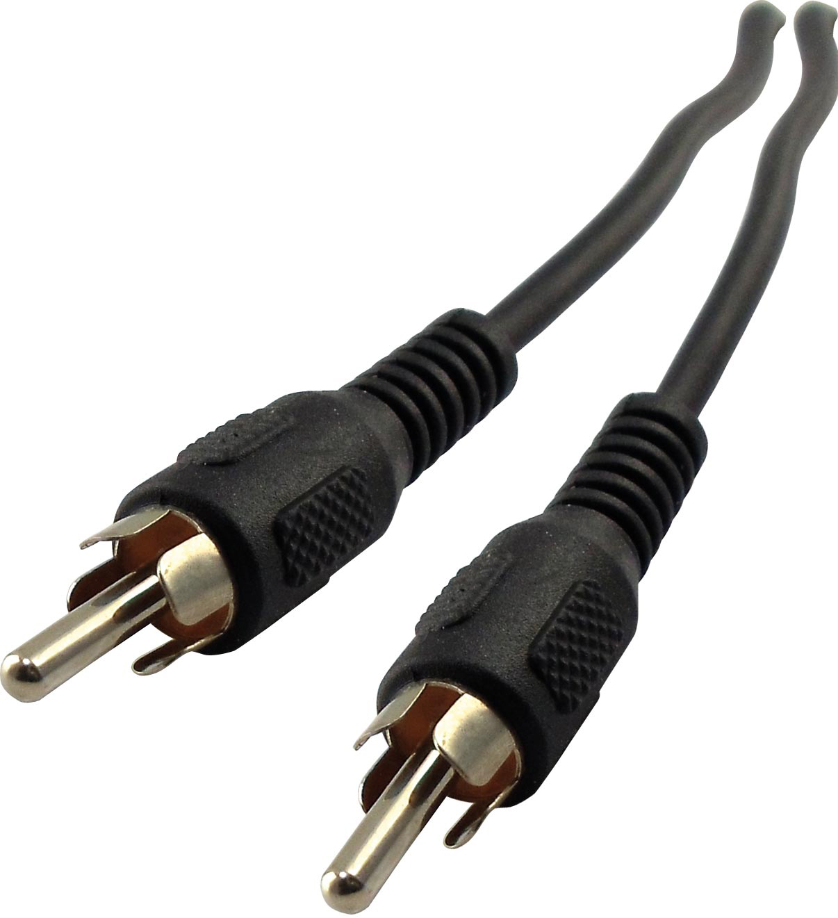 Zwei schwarze RCA-Audiokabel mit goldfarbenen Steckern auf weißem Hintergrund.