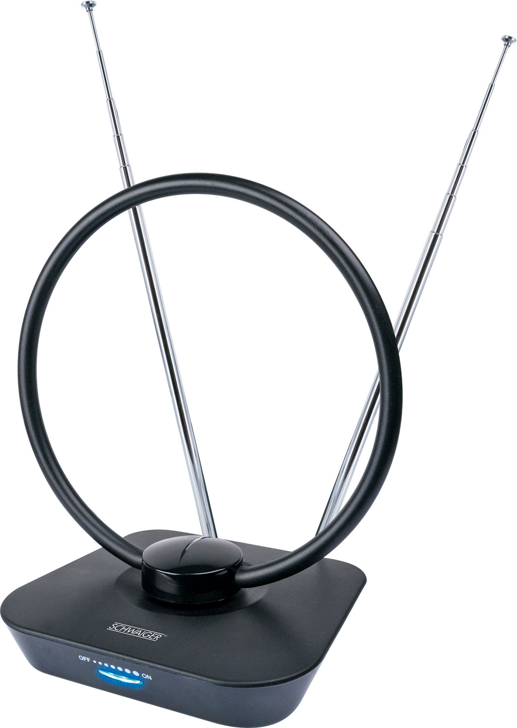 Czarna antena z dwoma prętami i okrągłą konstrukcją, na białym tle.