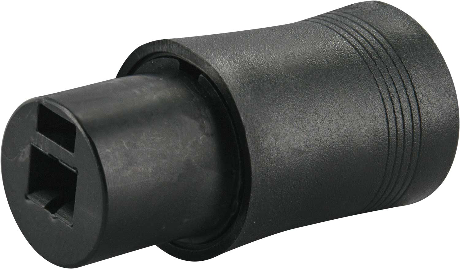 Schwarzer Adapter mit quadratischer Buchse, zylindrische Form.