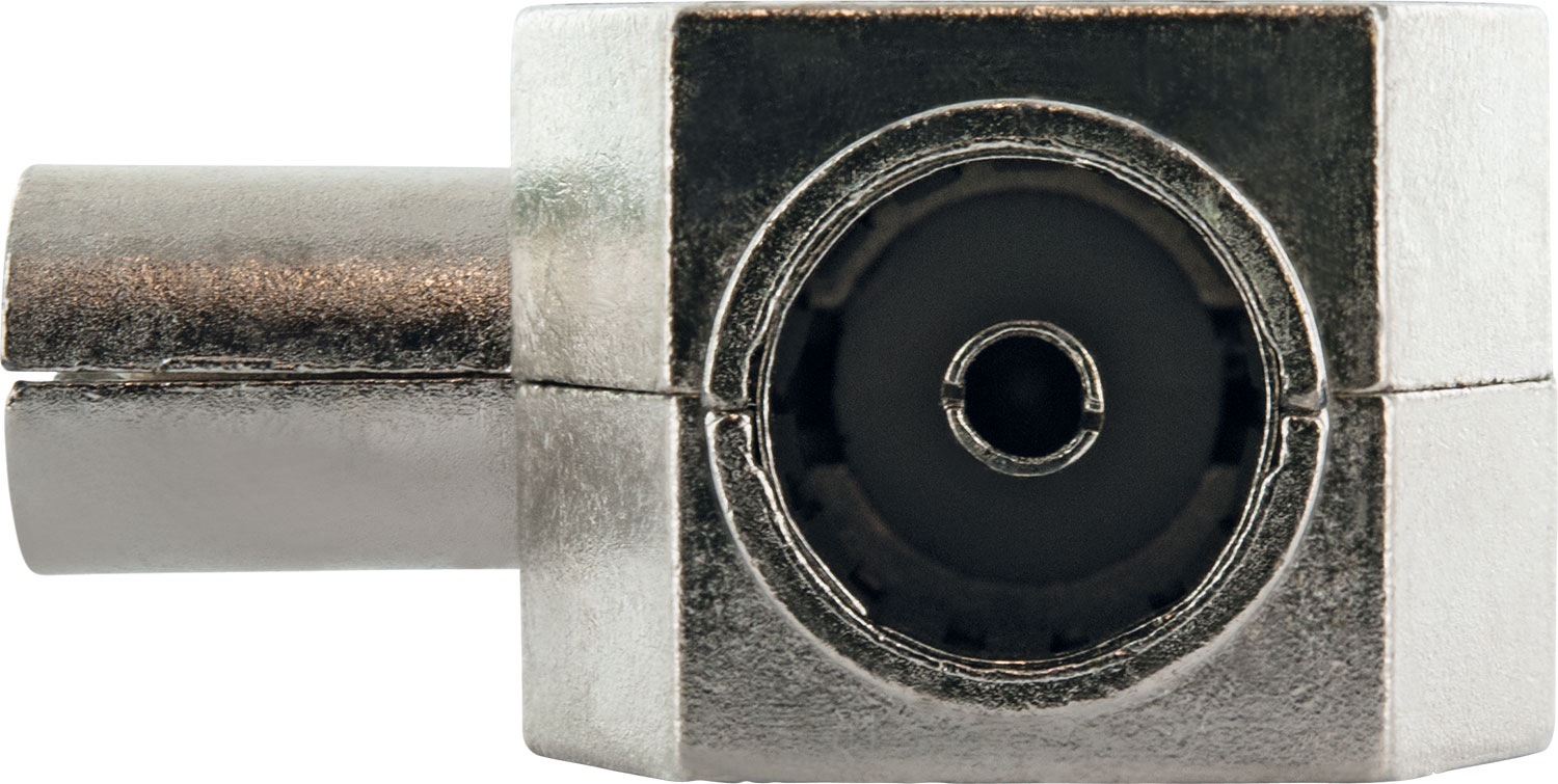 Ein silberner Koaxialadapter von Buchse zu Buchse. Der Adapter hat einen quadratischen Körper mit einem zentralen Anschluss.