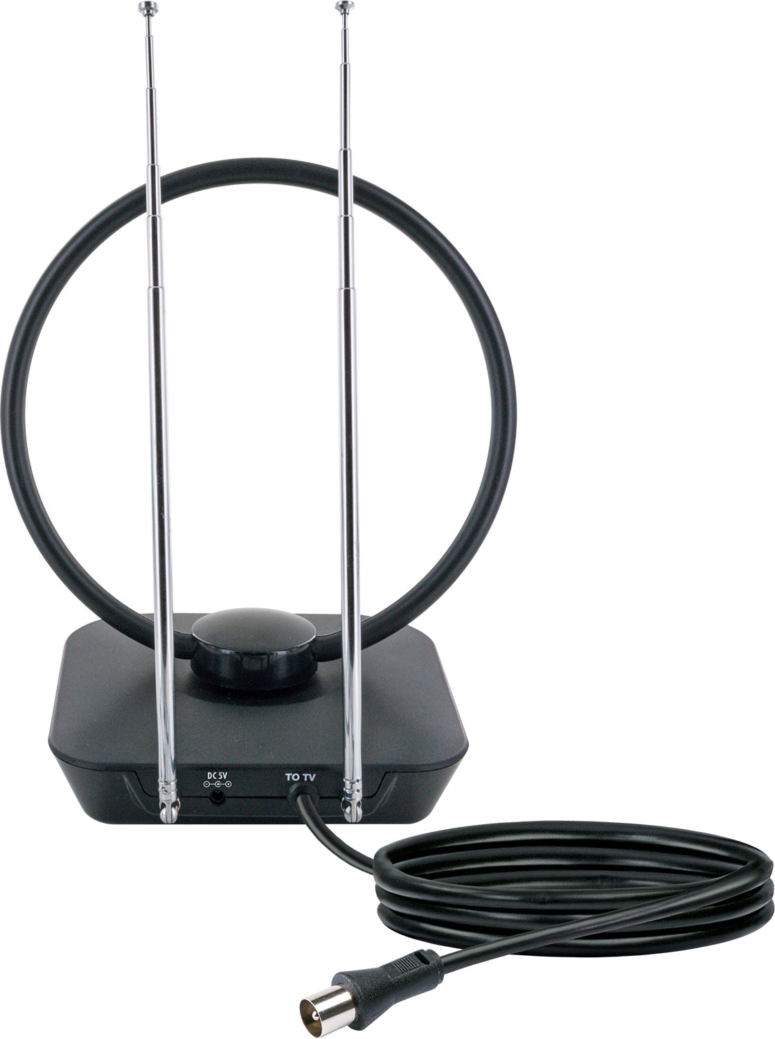 Czarna antena z dwoma prętami i okrągłą ramą. Podłączony kabel. Białe tło.