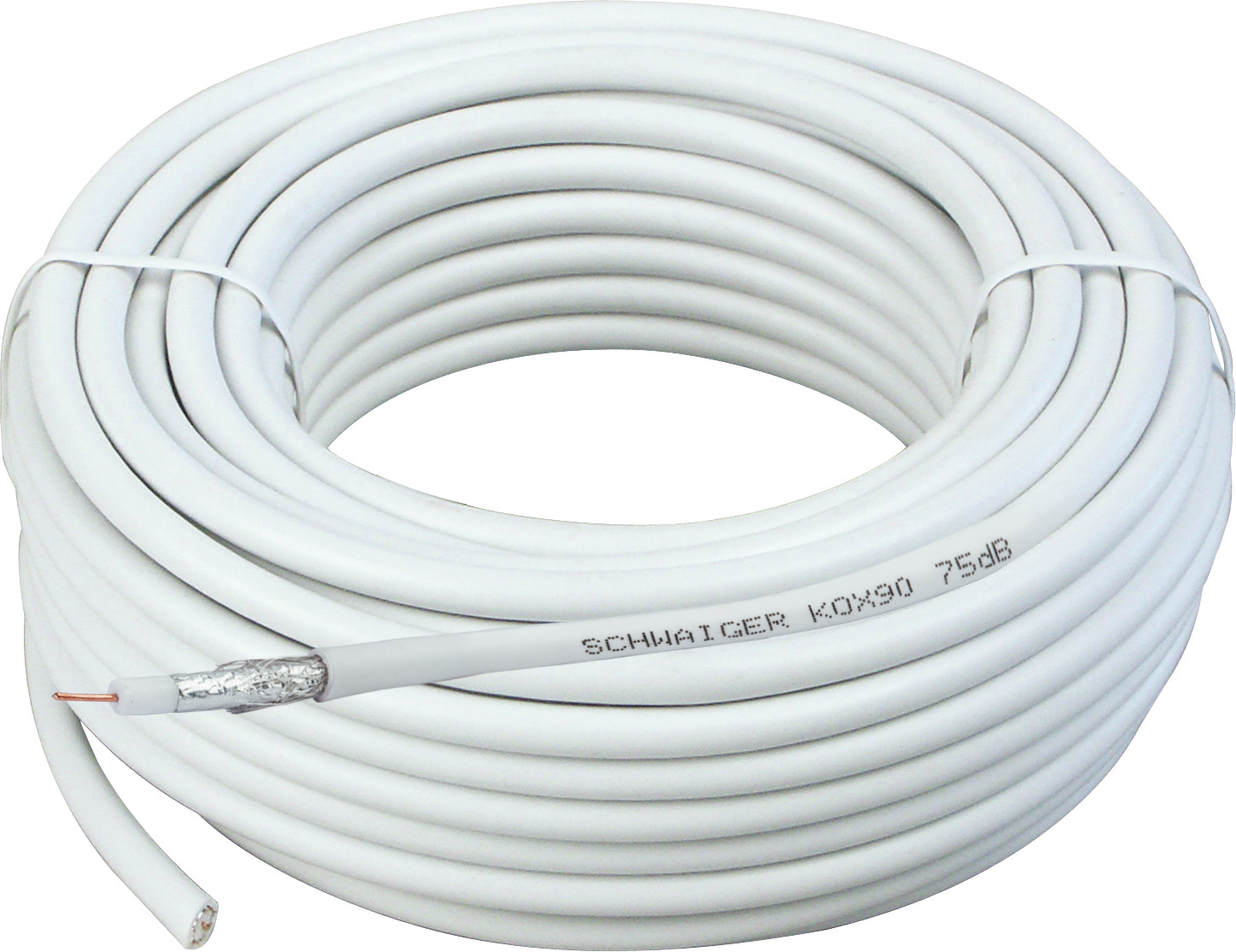 Ein weißes Kabel auf weißem Hintergrund aufgerollt.