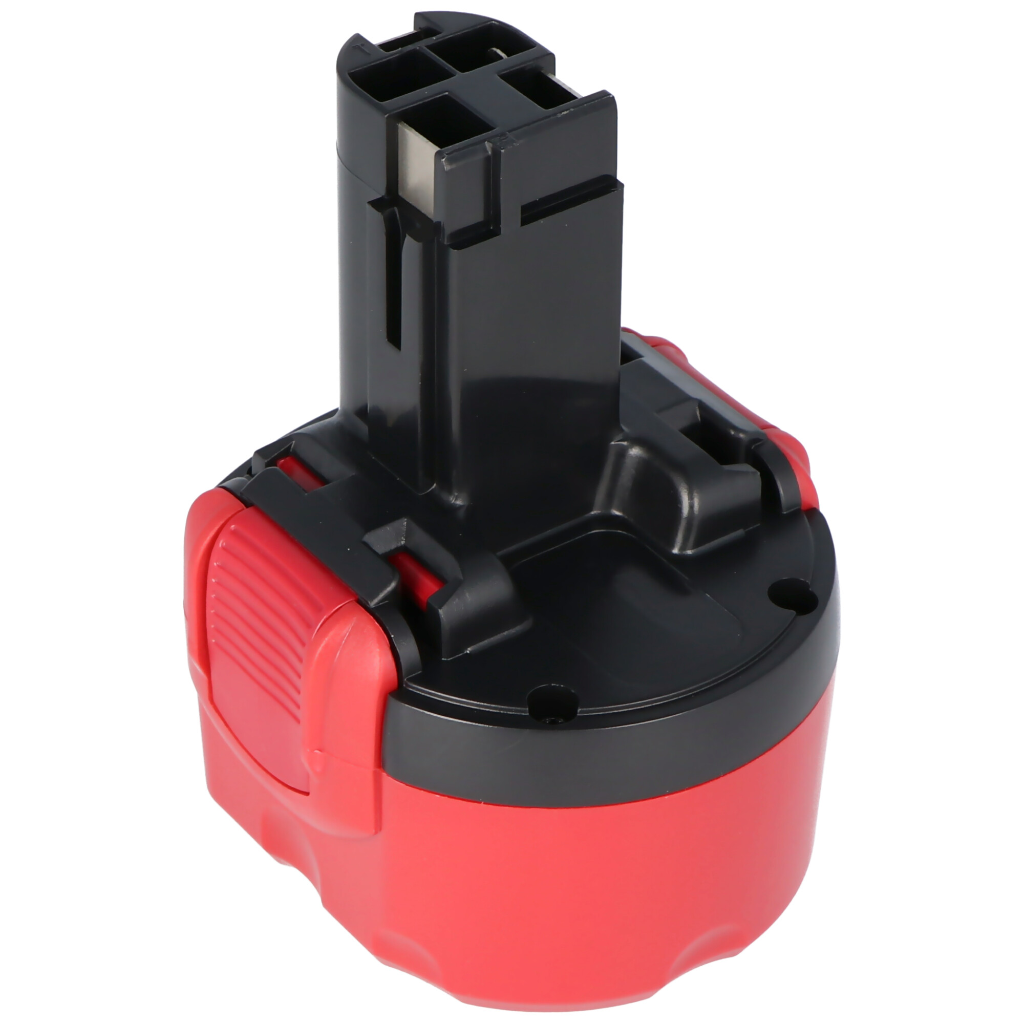 Schwarze und rote Akku für kabellose Bohrmaschine auf weißem Hintergrund. Die Batterie hat die Form eines Zylinders.