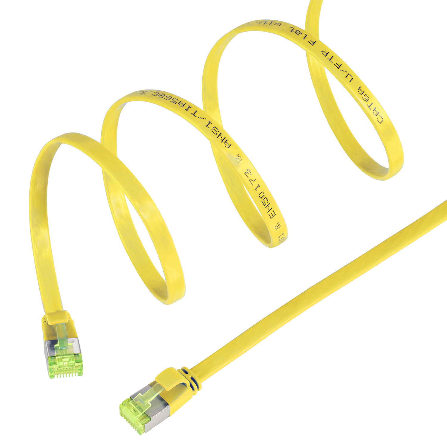 Gelbes Netzwerkkabel mit grünen Steckern auf weißem Grund.