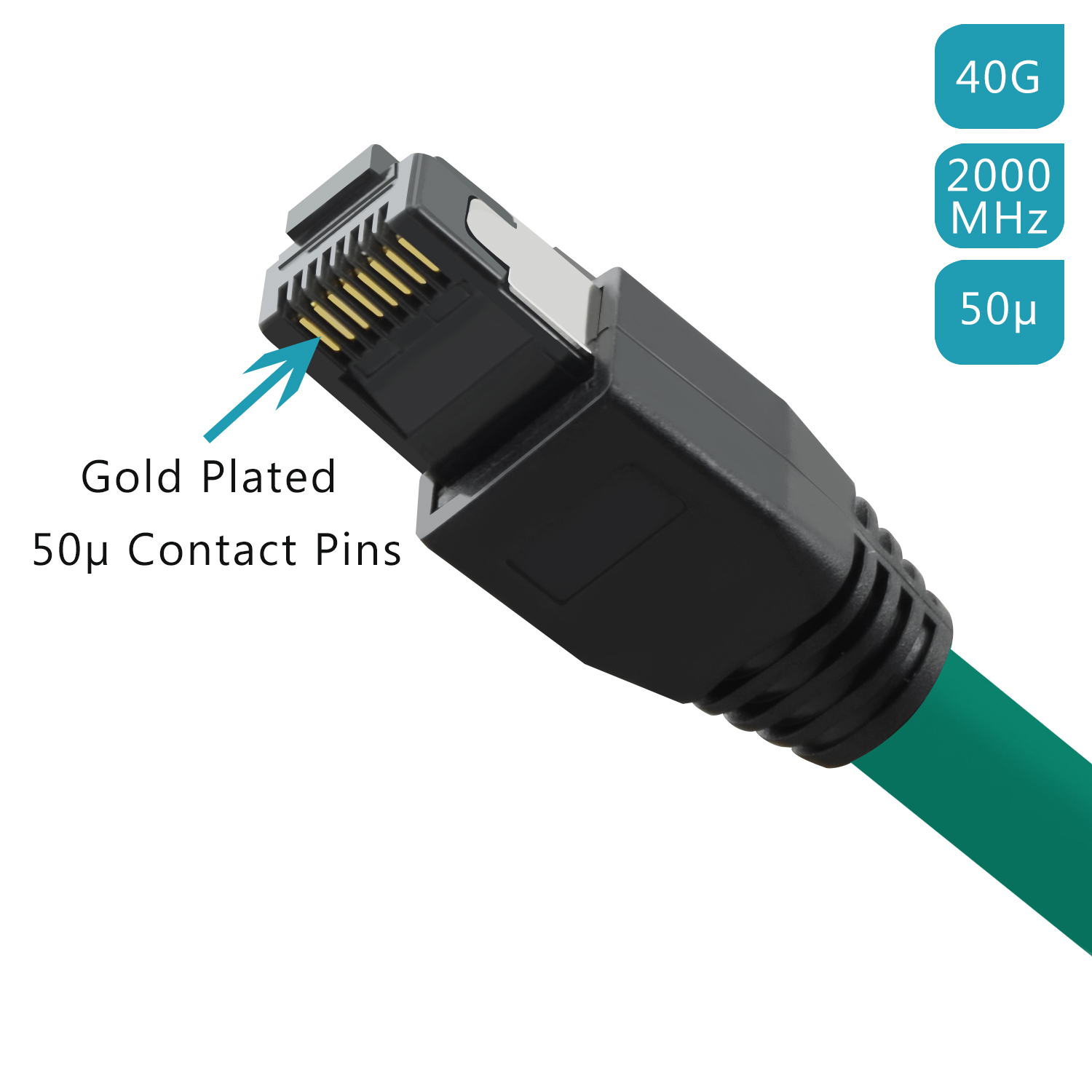 Netzwerkkabel mit vergoldeten Kontaktstiften. Details zum Kabel und Etiketten mit Spezifikationen.