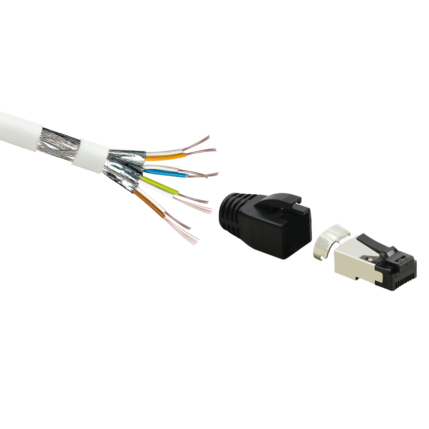 Netzwerkkabel mit abgeschnittenem Ende, schwarzem Stecker und Metallteil, weißer Hintergrund.