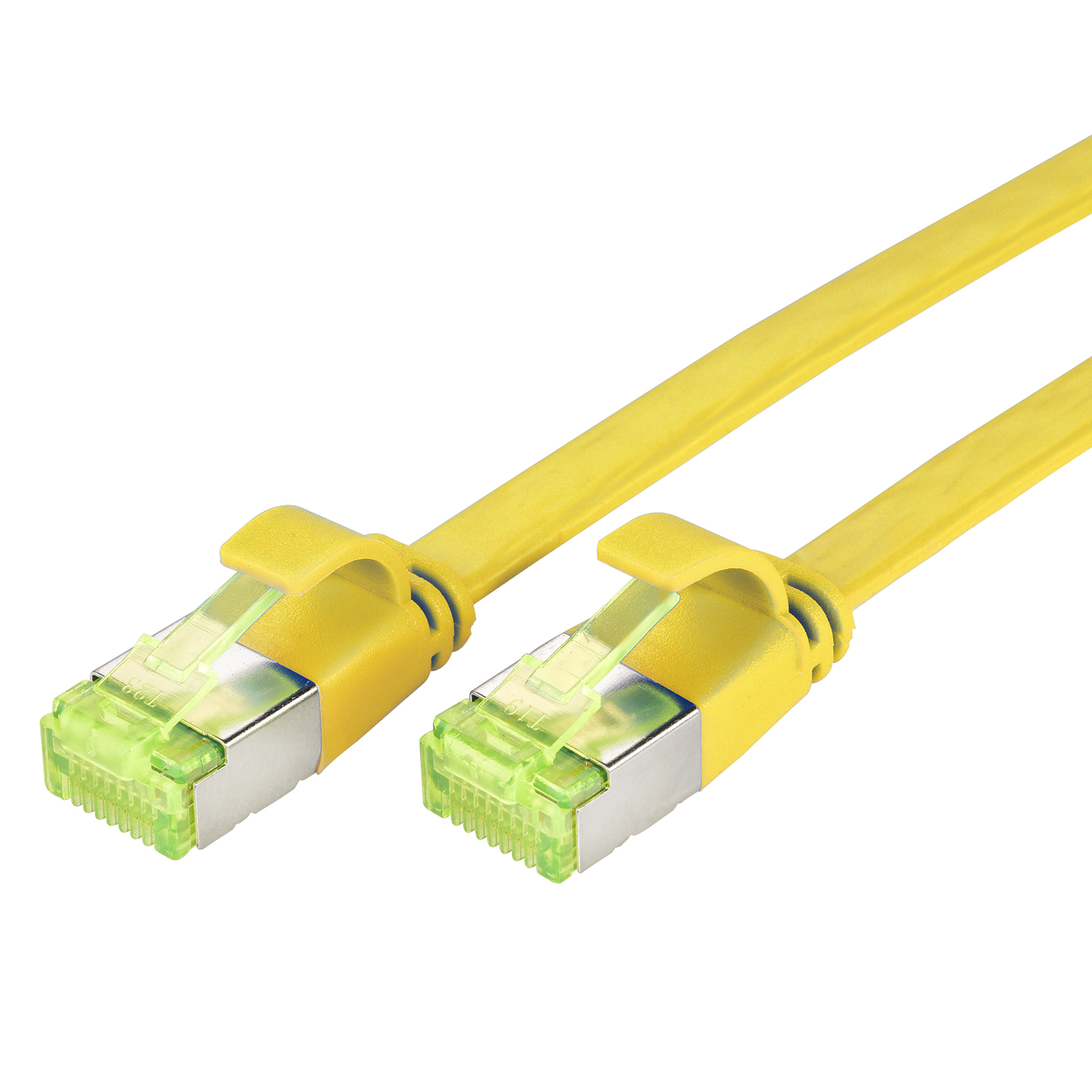 Zwei gelbe Ethernet-Kabel mit grünen Steckern auf weißem Hintergrund.