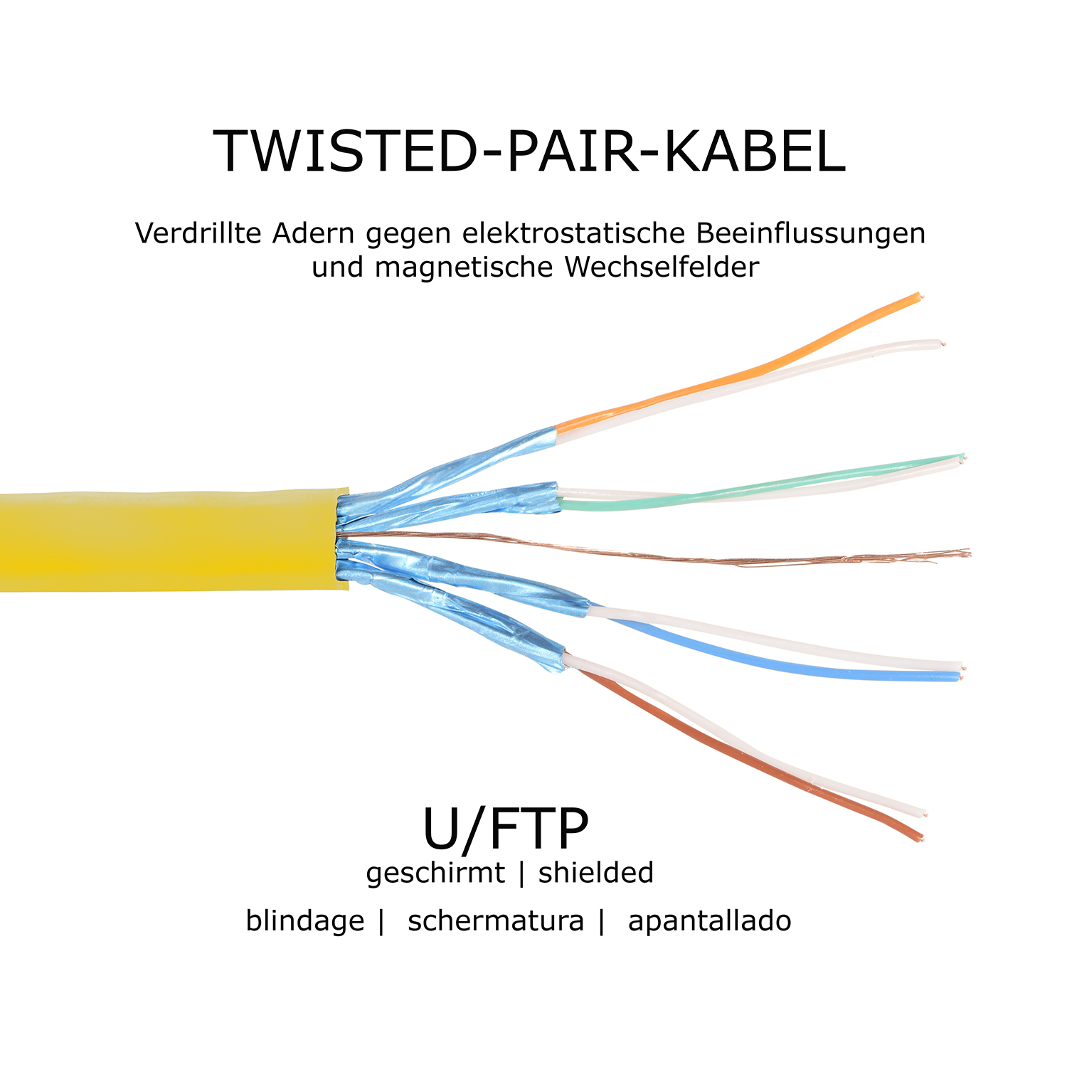 Twisted-Pair-Kabel mit aufgefächerten Drähten, beschriftet in mehreren Sprachen.