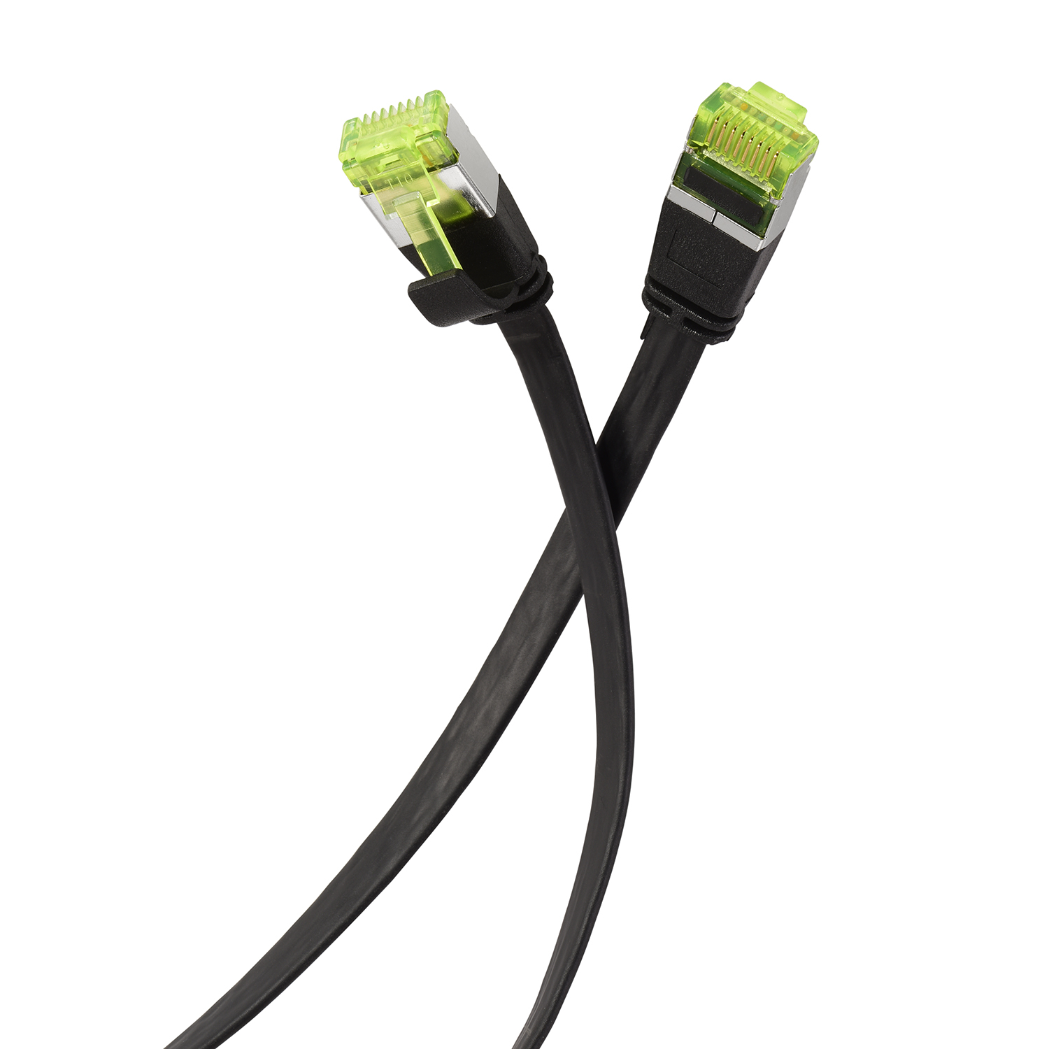 Zwei schwarze Ethernet-Kabel mit grünen Steckern. Sie kreuzen sich.
