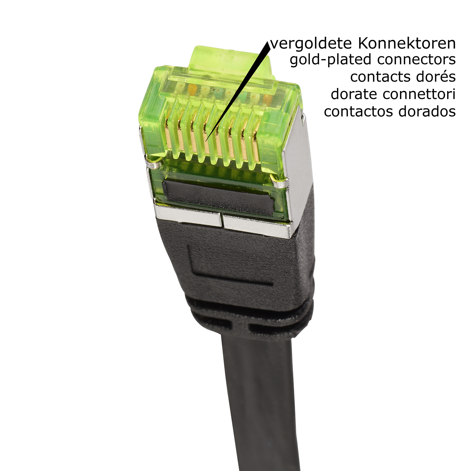 Nahaufnahme des Steckers eines Netzwerkkabels. Vergoldete Kontakte sind sichtbar.