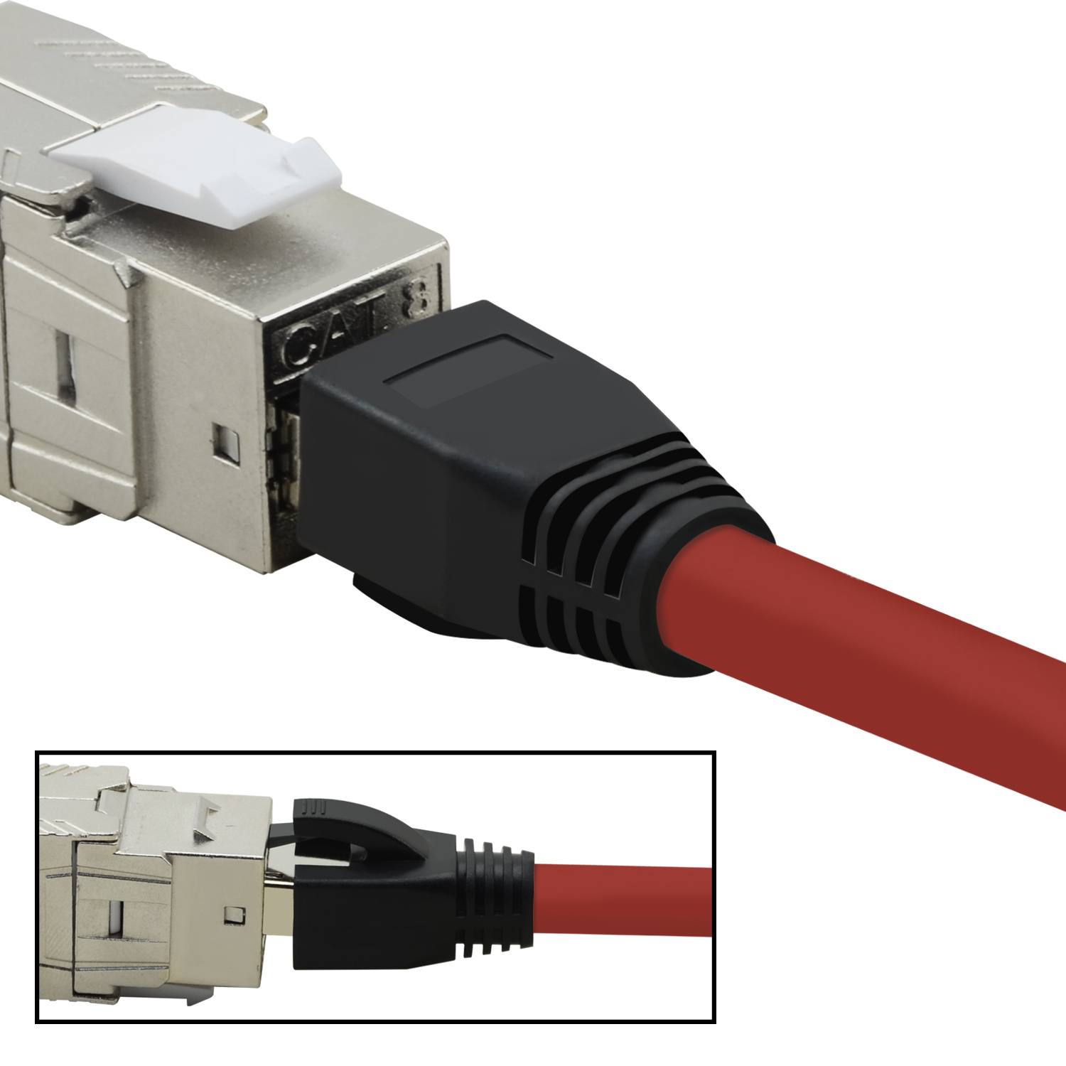 Netzwerkkabelanschluss mit rotem Kabel, Nahaufnahme, mit einem Ausschnitt des Anschlusses.