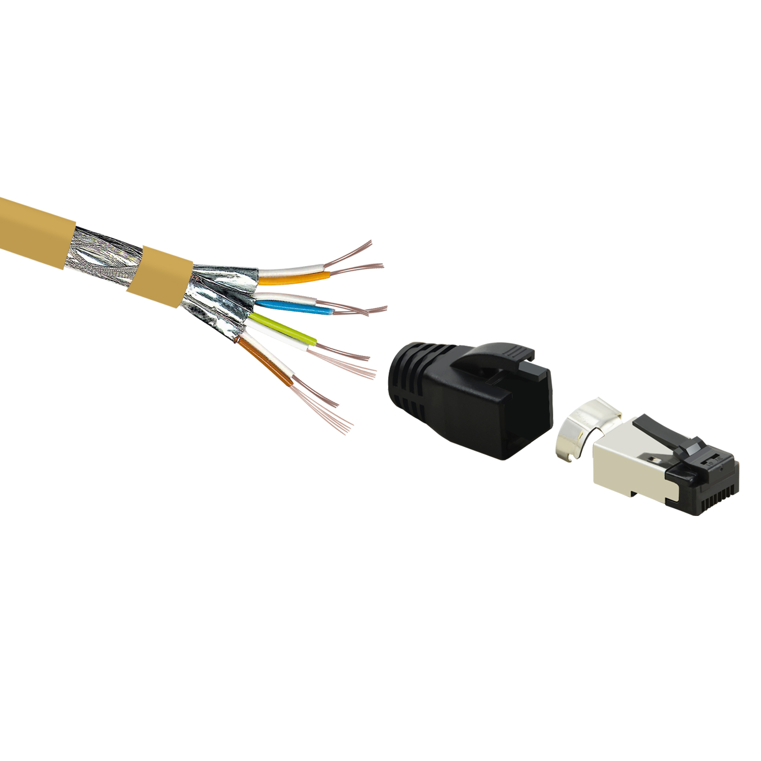 Zerlegte Ethernet-Kabelkomponenten: Drähte, schwarzer Stecker und silberner Stecker.