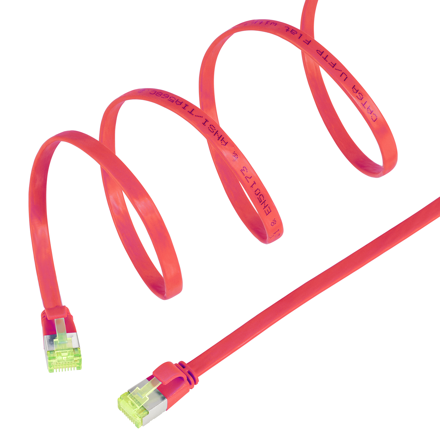 Rotes Ethernet-Kabel mit grünen Steckern, als Schlaufe, auf weißem Hintergrund.