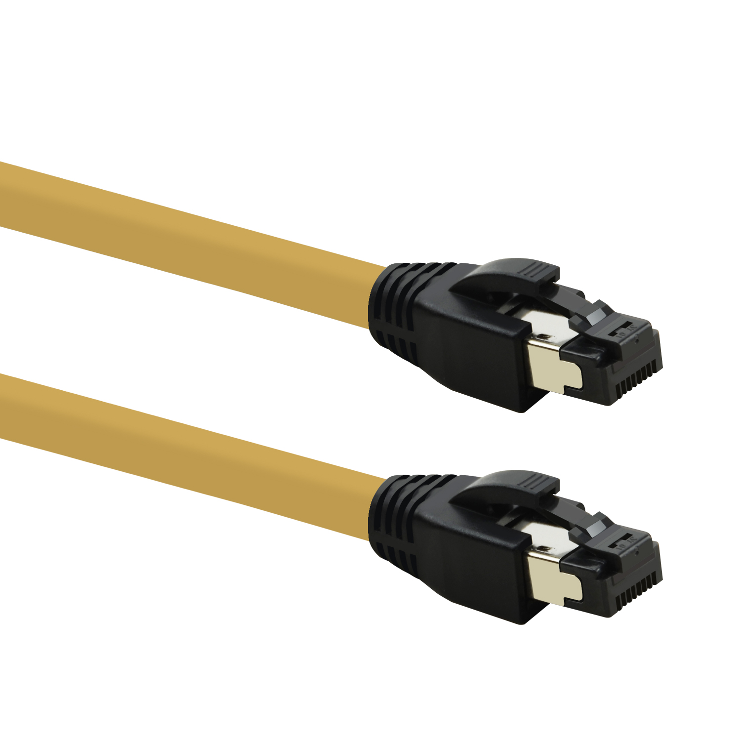 Zwei gelbe Ethernet-Kabel mit schwarzen Steckern auf weißem Hintergrund.
