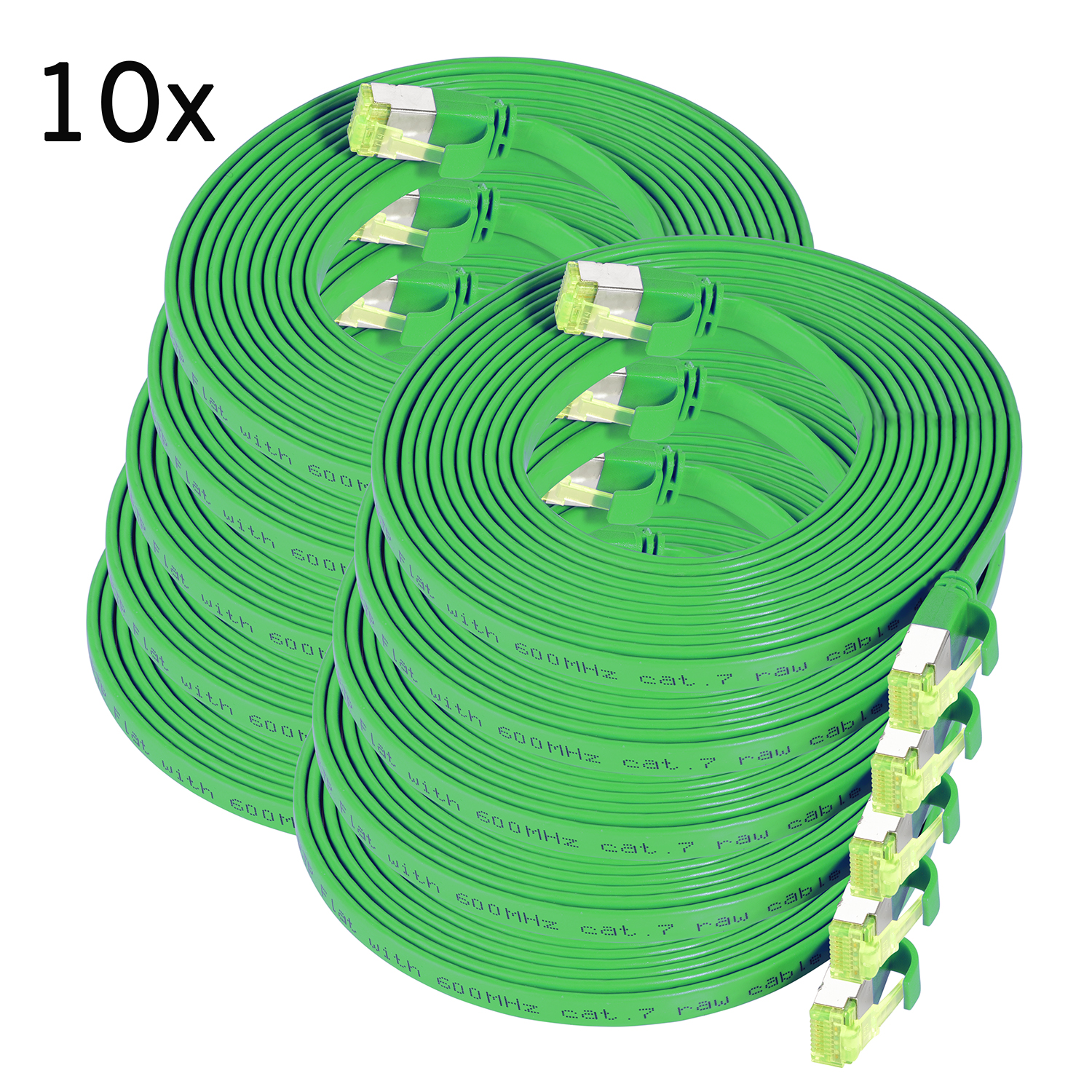 Zehn grüne Ethernet-Kabel auf weißem Hintergrund.