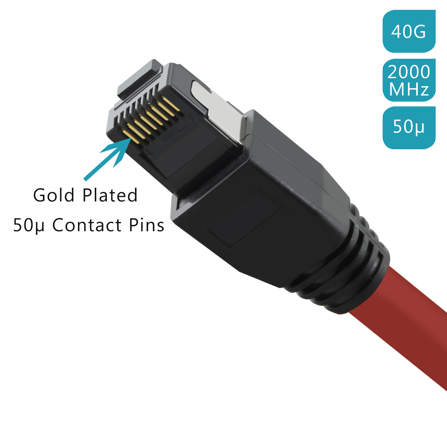 Rotes Ethernet-Kabel mit schwarzem Stecker und goldenen Pins, Text auf weißem Hintergrund.
