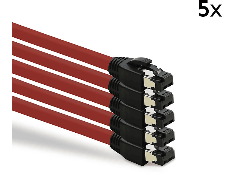 TPFNET 5er Pack 0,25m Patchkabel / Netzwerkkabel S/FTP 40 GBit, rot, Netzwerkkabel, 0,25 m