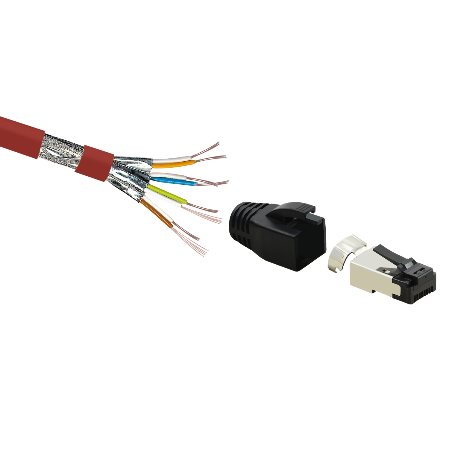 Rotes Ethernet-Kabel mit freiliegenden Drähten, getrennt von einem schwarzen Stecker und silbernem Kopf.