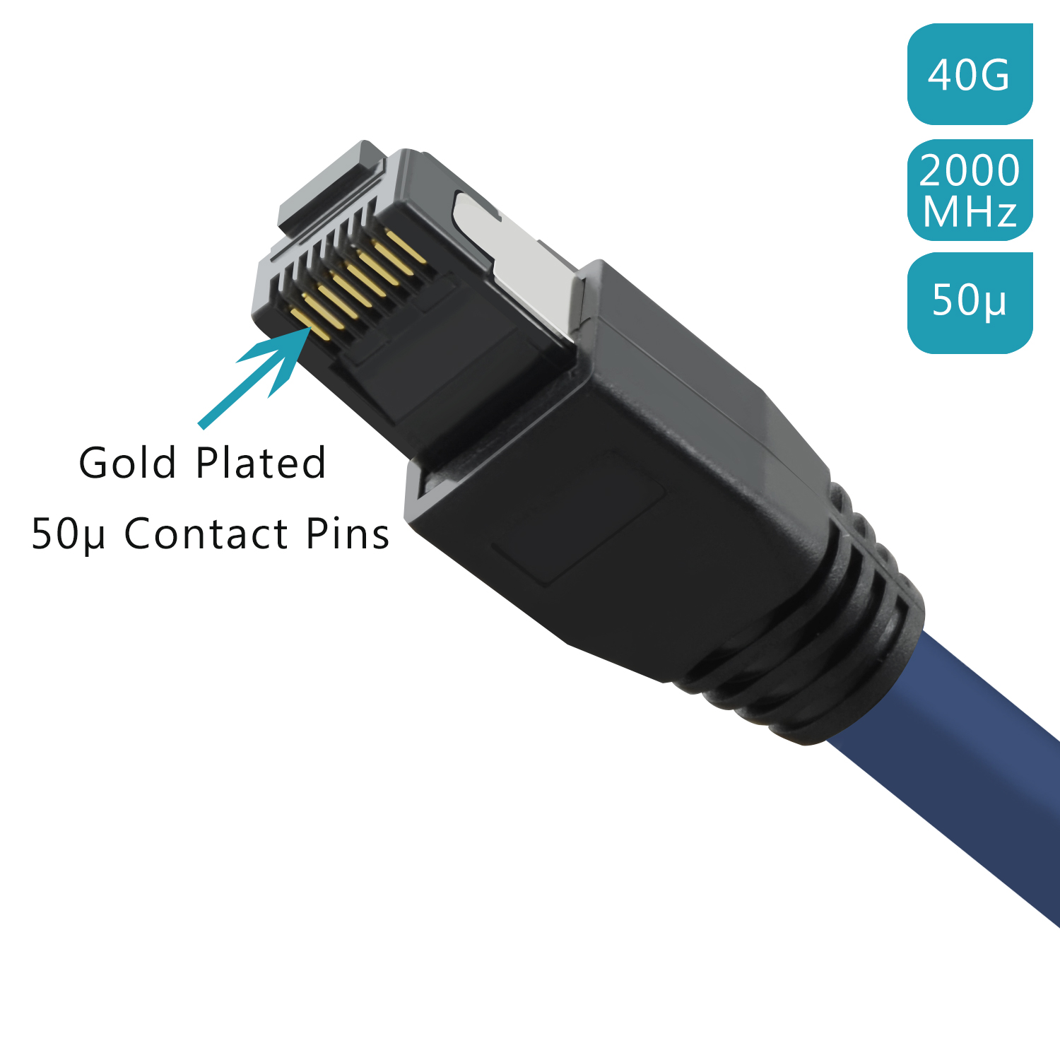 Blaues Netzwerkkabel mit RJ45-Stecker, vergoldeten Pins und technischen Infos.