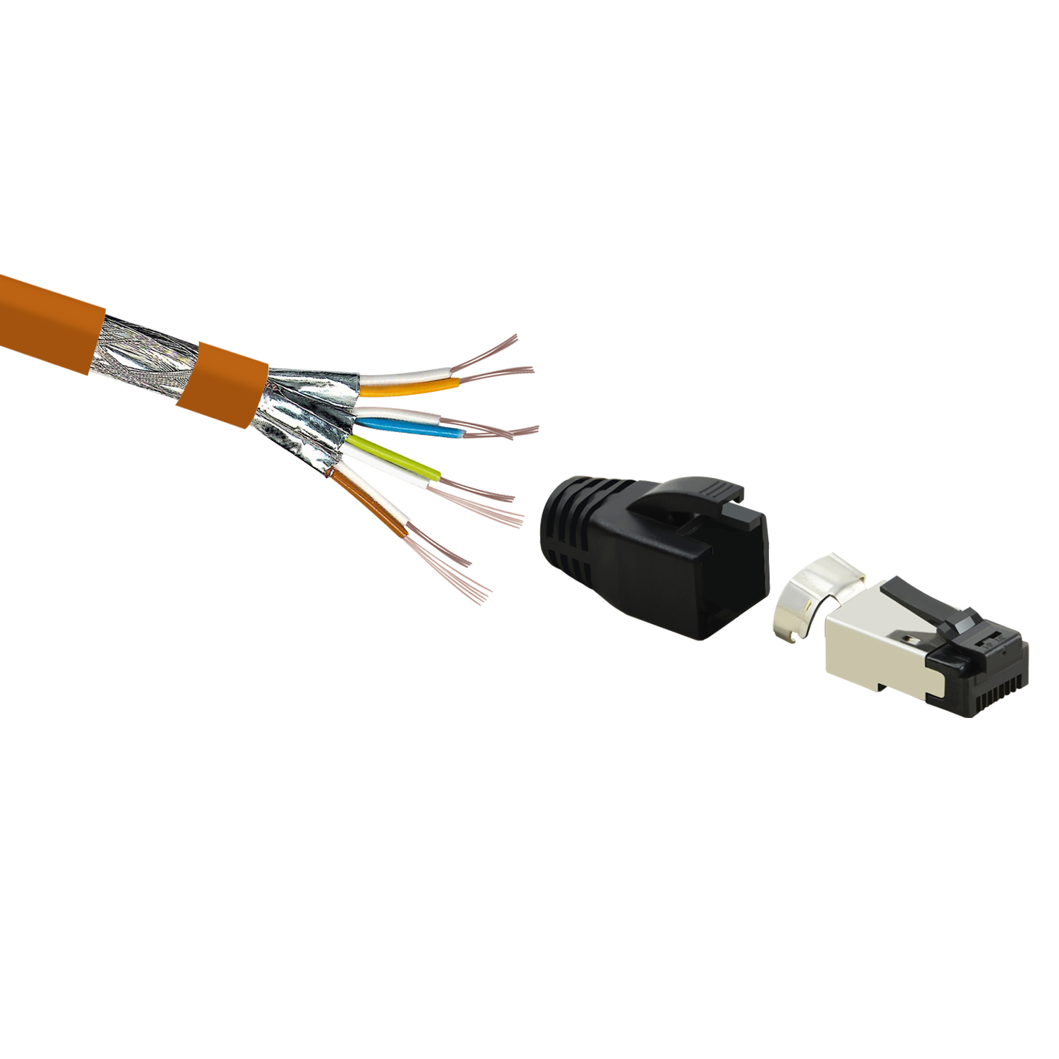 Ein teilweise zerlegtes oranges Kabel mit einem schwarzen und silbernen Stecker.