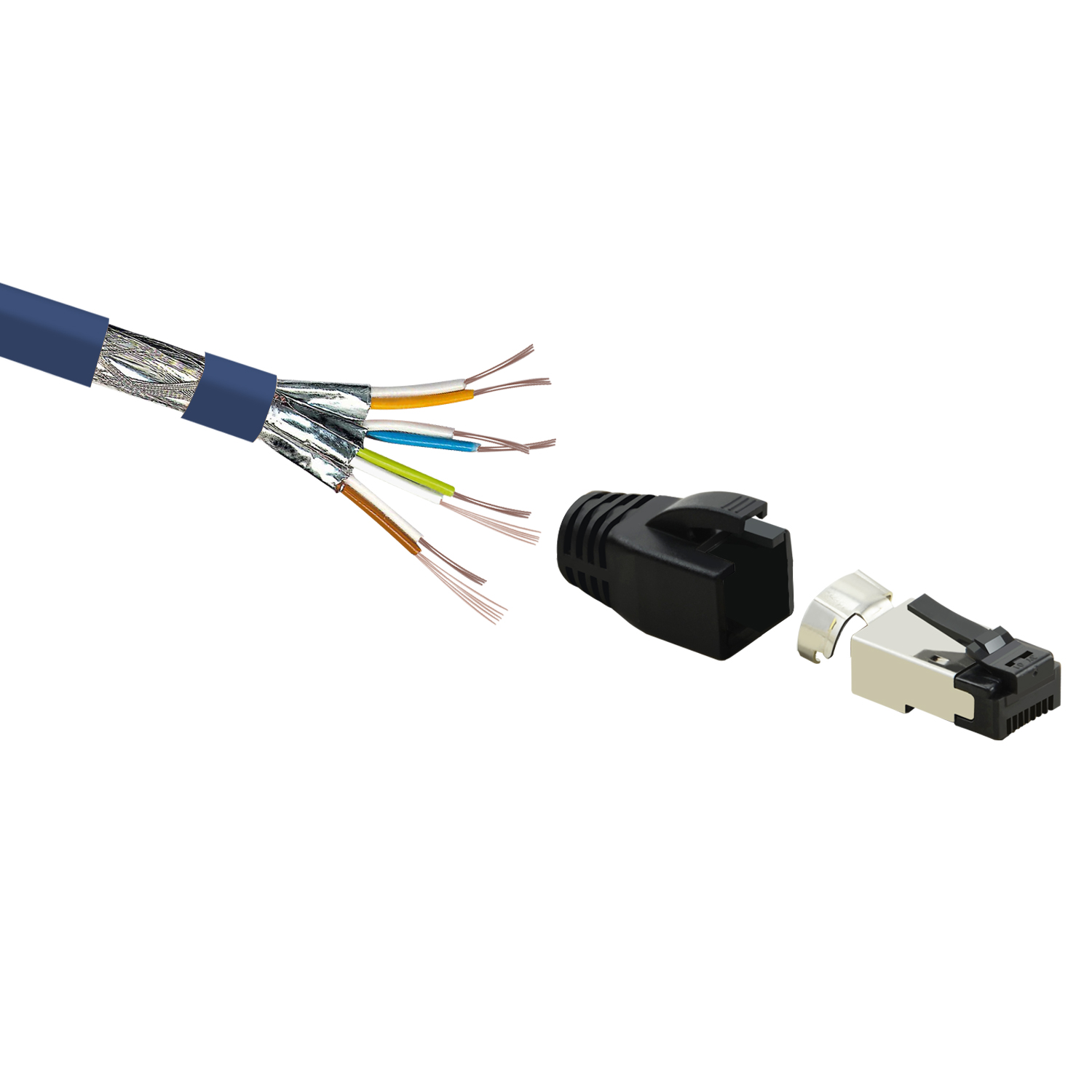 Blaues Ethernet-Kabel mit freiliegenden Drähten, getrennt von schwarzem Stecker und silbernem Kopf.