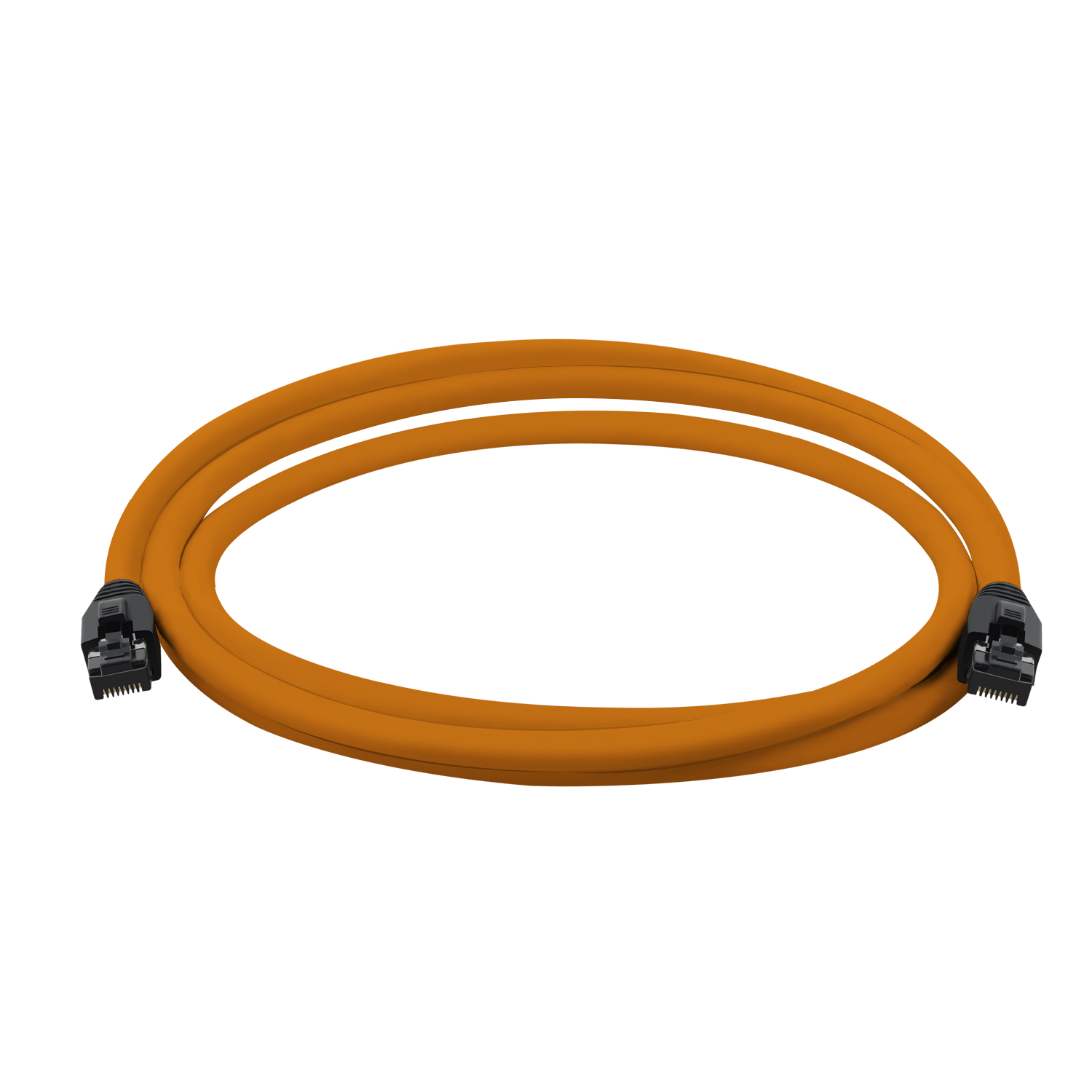 Oranges Ethernet-Kabel mit Steckern an jedem Ende. Das Kabel ist aufgerollt und orange.