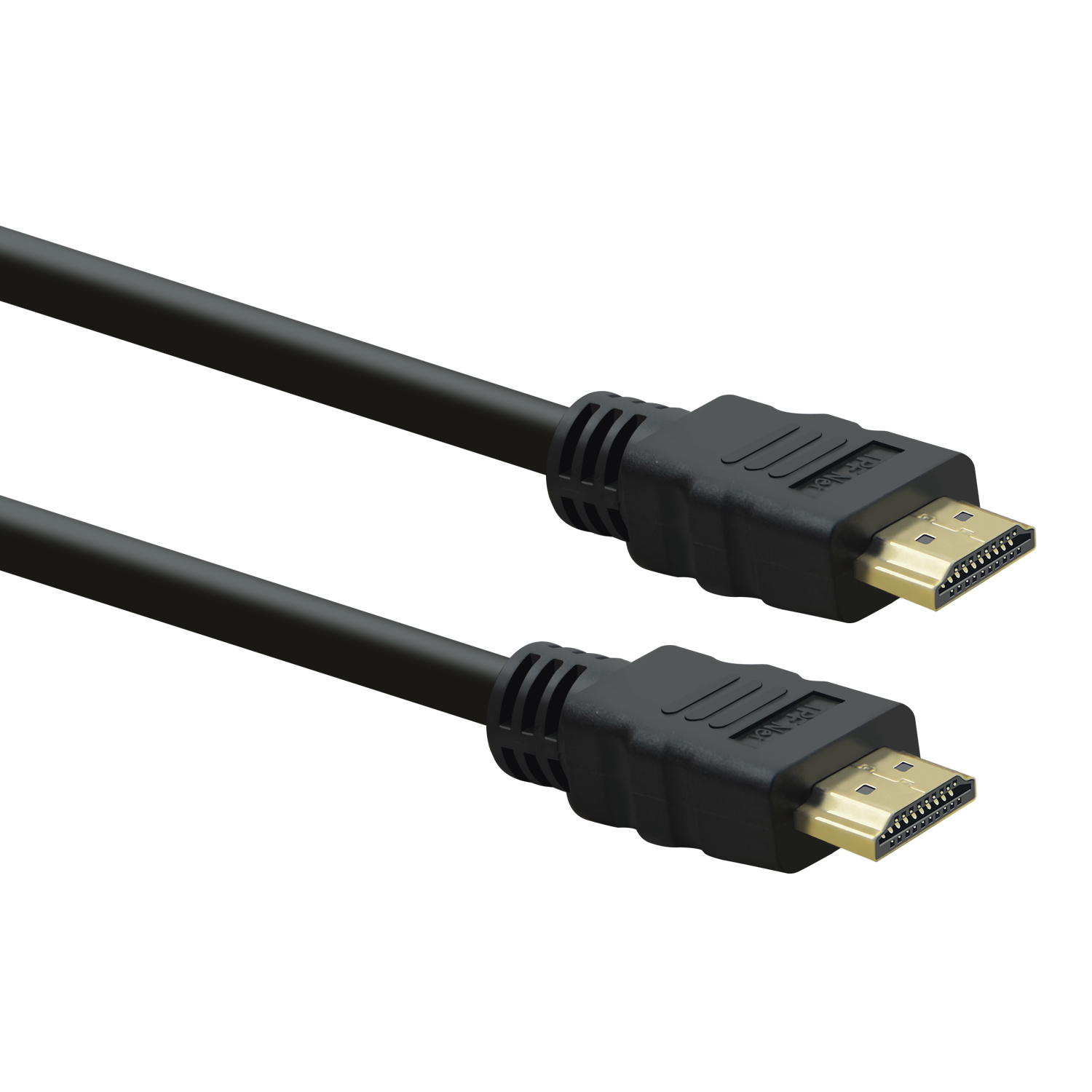 Zwei schwarze HDMI-Kabel mit goldenen Steckern auf weißem Hintergrund.