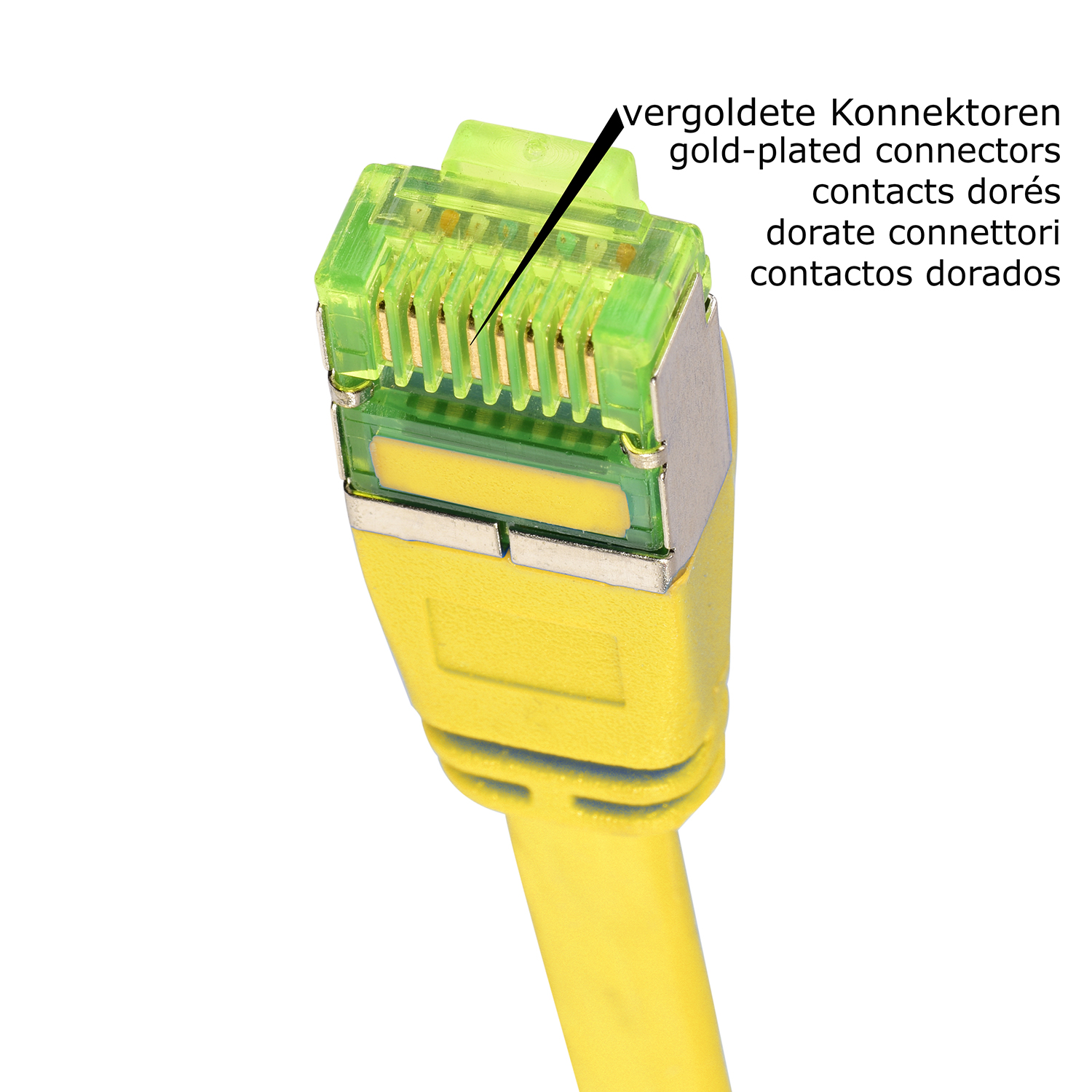 Netzwerkkabelanschluss. Textbeschriftungen: vergoldete Stecker, Kontakte, dorés.