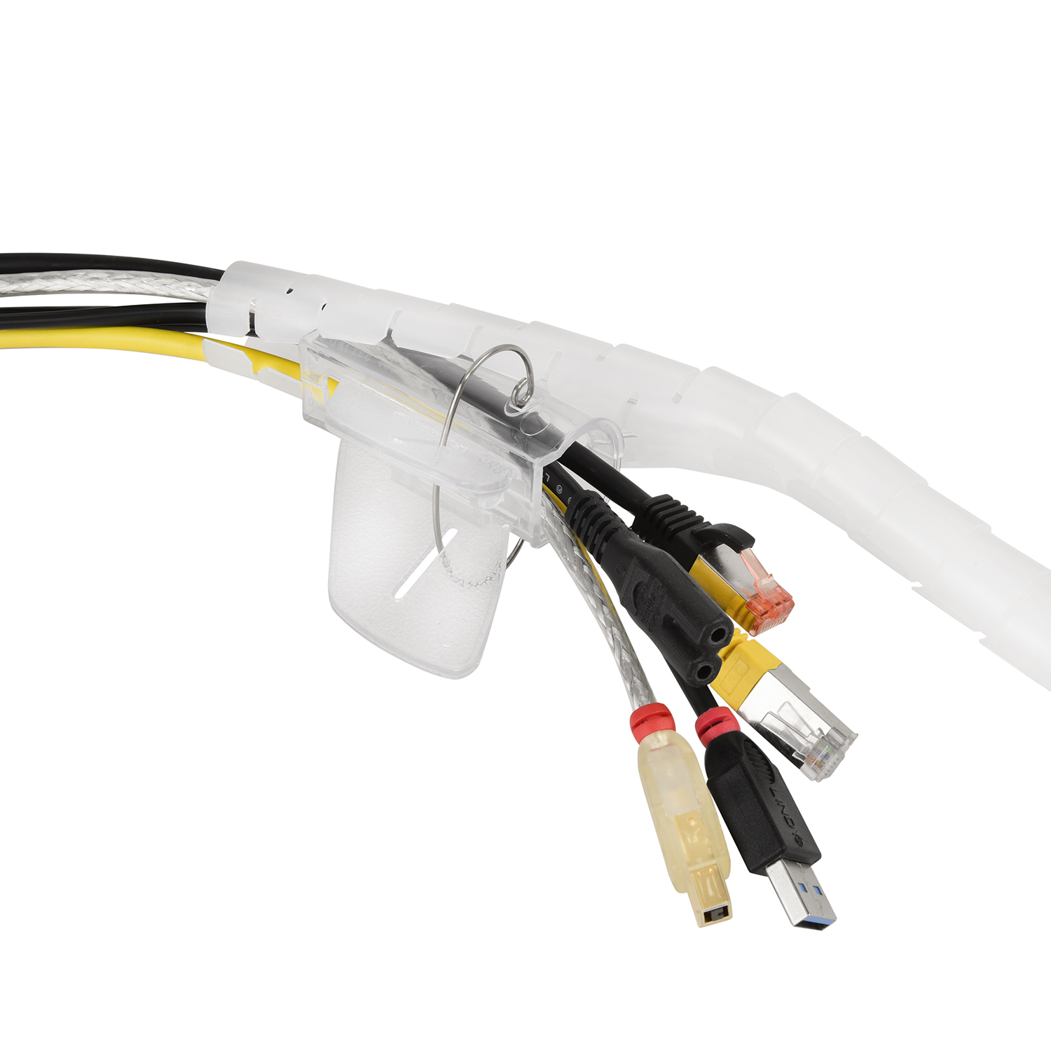 Einfädelhilfe, 1,5m Kabelschlauch, Transparent, mit Spiral-Kabelschlauch TPFNET Transparent Premium 20mm,