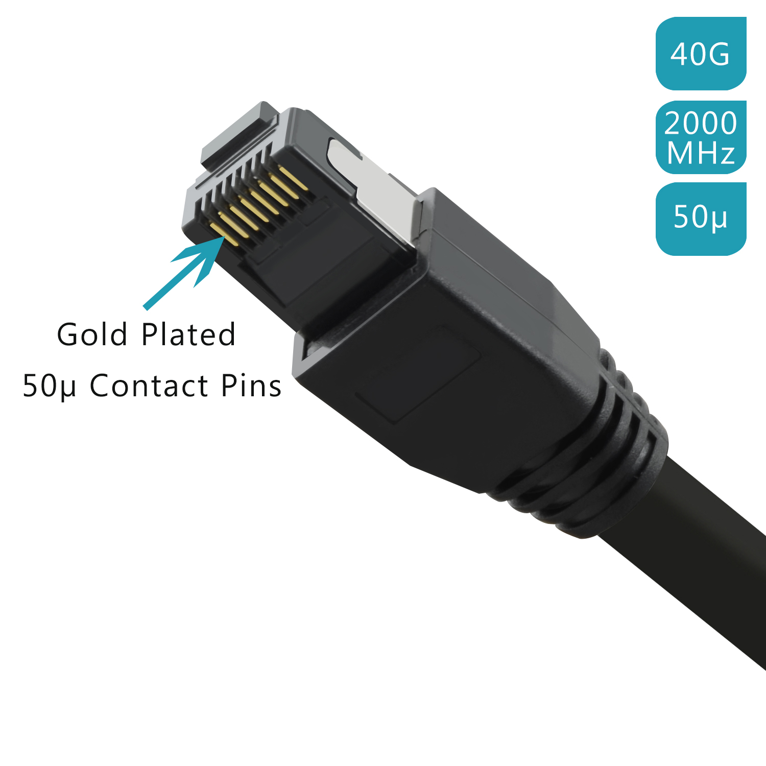 Schwarzer Netzwerkanschluss. Vergoldete Kontaktstifte. Text: 'Gold Plated 50u Contact Pins'.