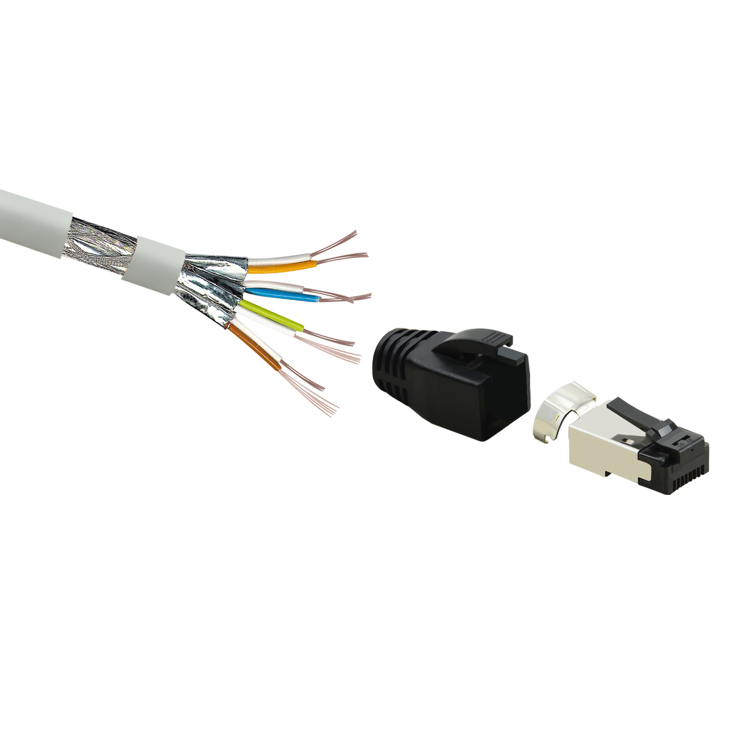 Netzwerkkabelkomponenten: Kabel, Stecker und RJ45-Stecker, getrennt auf Weiß.
