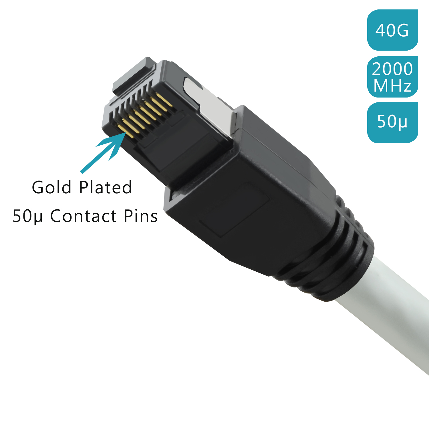 Nahaufnahme eines Netzwerkkabelanschlusses, vergoldete Pins werden mit einem Pfeil hervorgehoben. 40G- und 2000 MHz-Etiketten.
